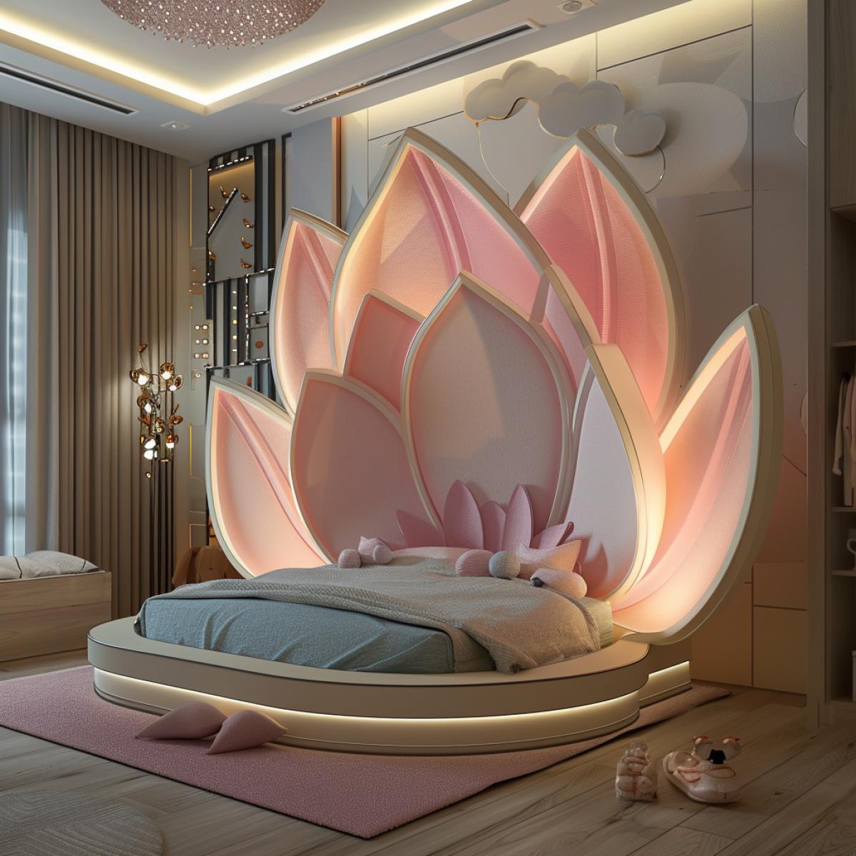 Childrens bed in the shape of a lotus flower in a modern interior