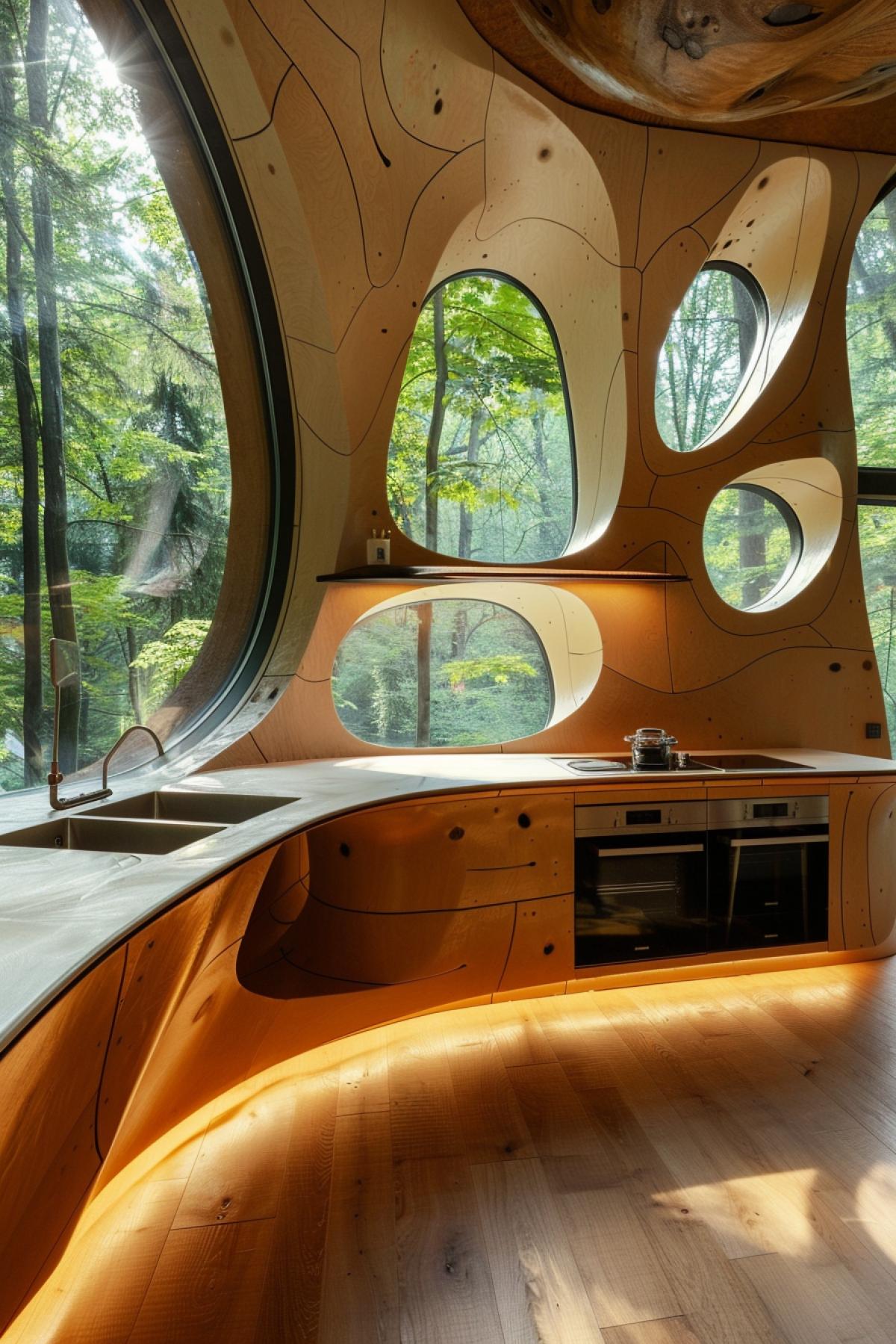Smooth lines Futuristic kitchen in futuristic interior ergonomic comfortable interior of futuristic mountain chalet with giant window view at summer mountain forest and mount stream architectural professional photo
