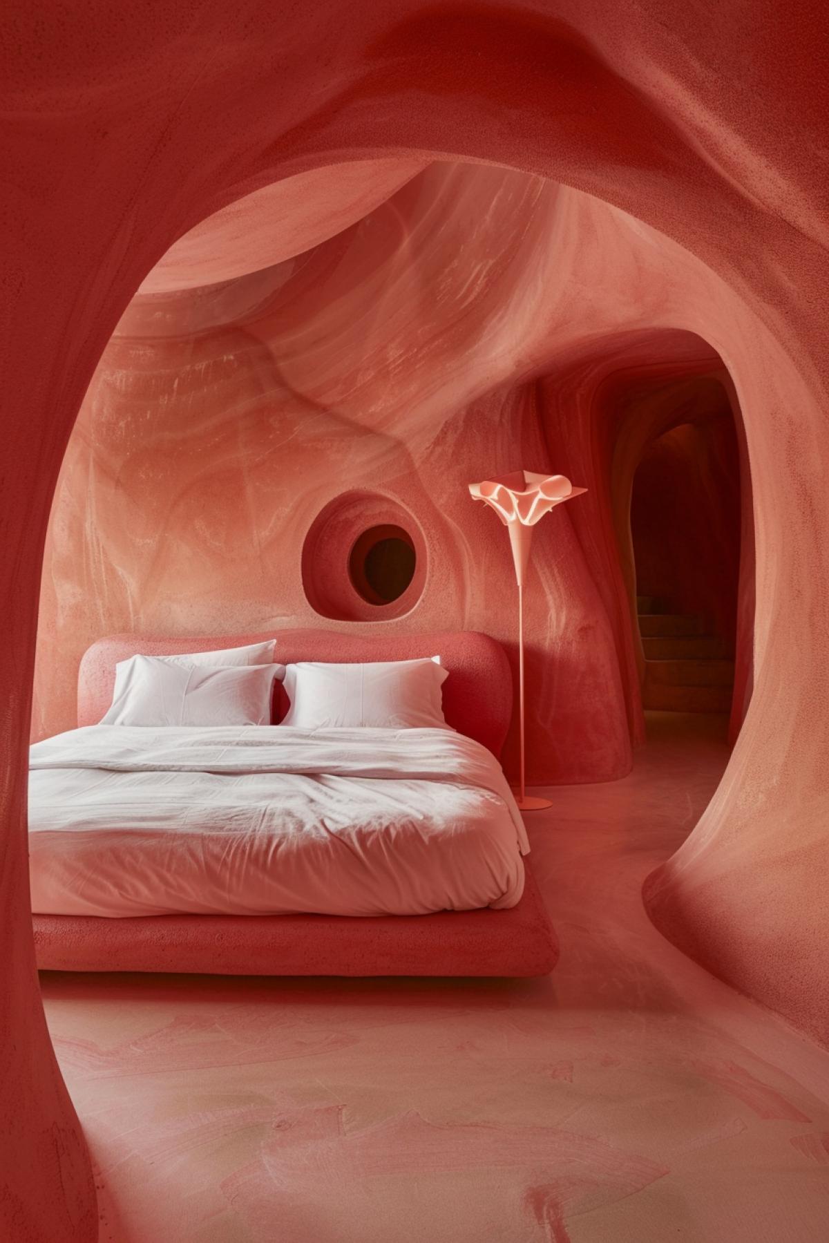 Interior of comfortable futuristic bedroom cosy bed within sort of reddish smooth cavern soft walls single lamp above headboard shape of rose candlestick upside down