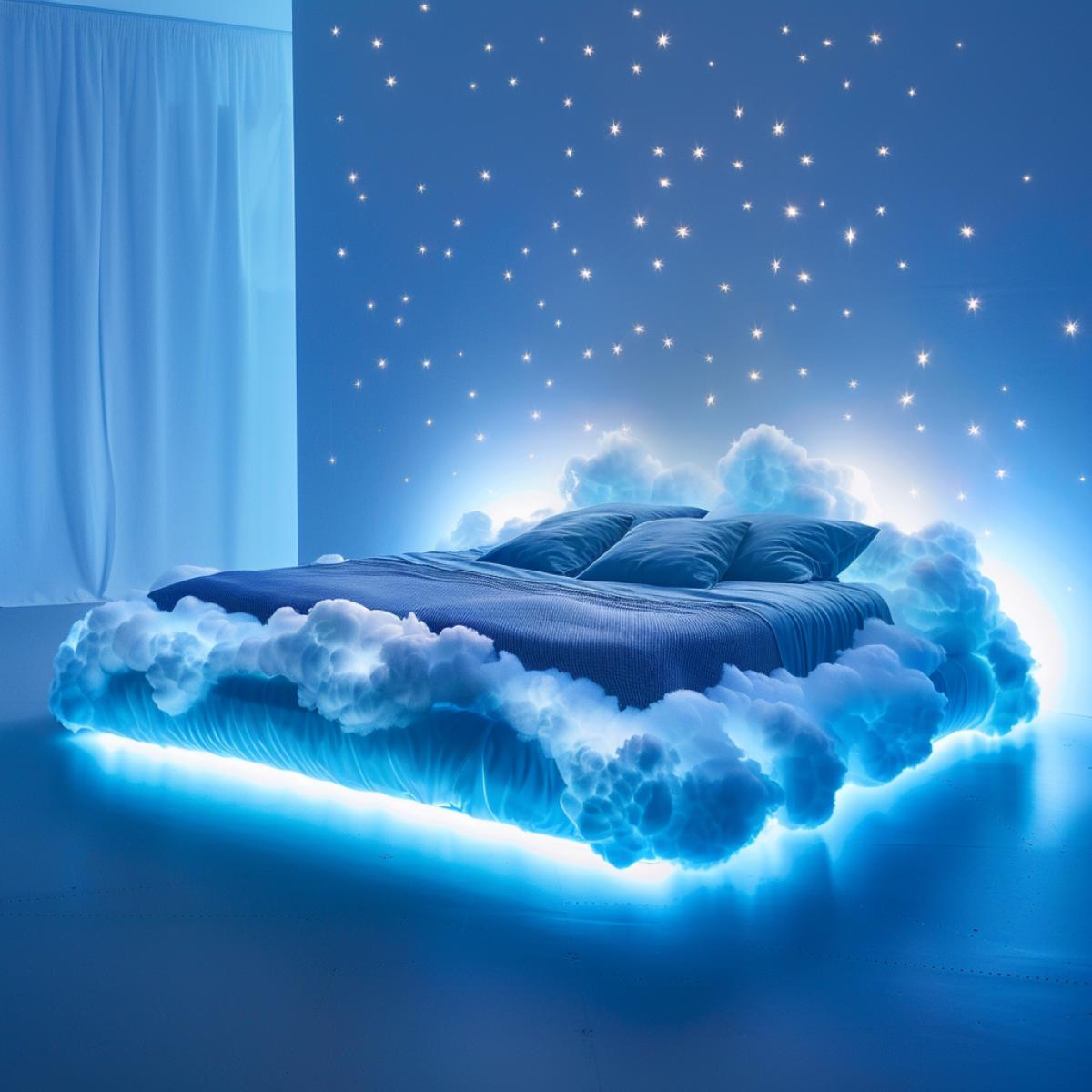 the bed is made of soft clouds covered in blue velvet that resembles the night sky. Under the mattress there is a luminous source that creates the illusion of a starry sky above your head. When you lie down on this bed, a soft glow surrounds you, as if you are floating in space among millions of stars.
