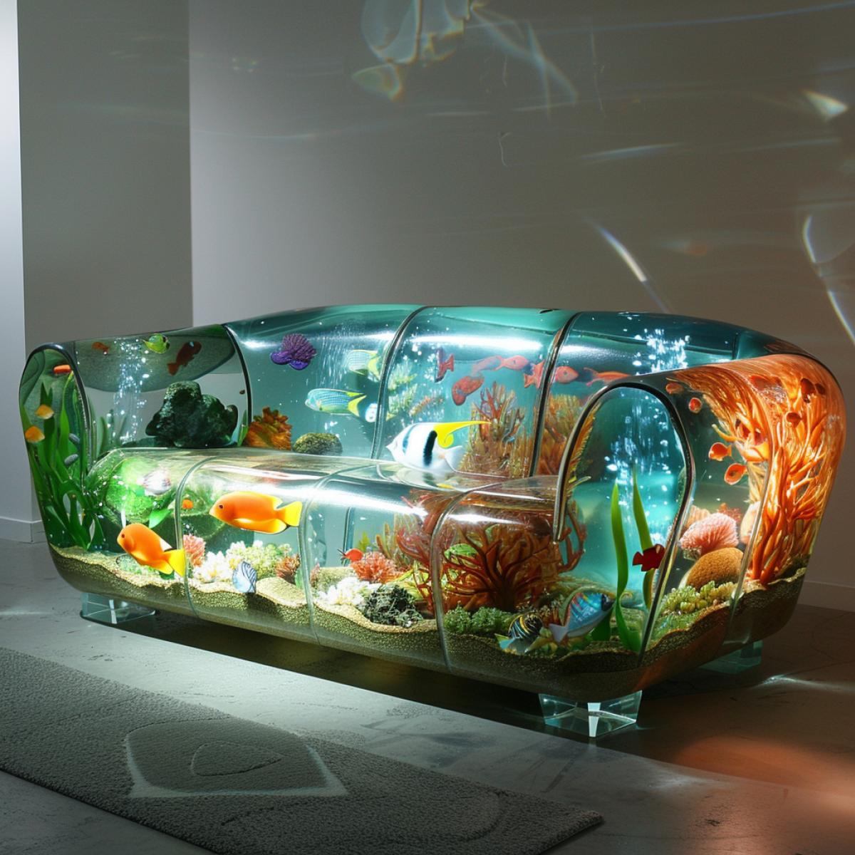 Depths of the Sea Aquarium Sofa: This sofa features a fully functional aquarium integrated into its design. The glass walls of the sofa are framed with a durable frame to create a safe and comfortable place to relax and watch the underwater world. A variety of tropical fish can swim inside the aquarium, while colorful algae and decorations create an amazing underwater landscape. Sitting on this sofa, you can enjoy the tranquility and beauty of the underwater world, feeling like a real inhabitant of the deep sea.