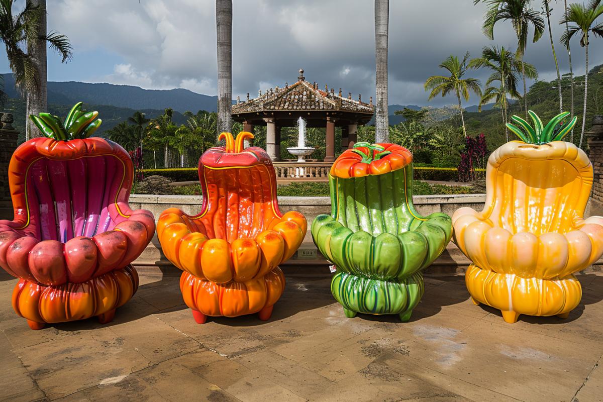 Armchairs in the shape of tomatoes and sausages in the living room