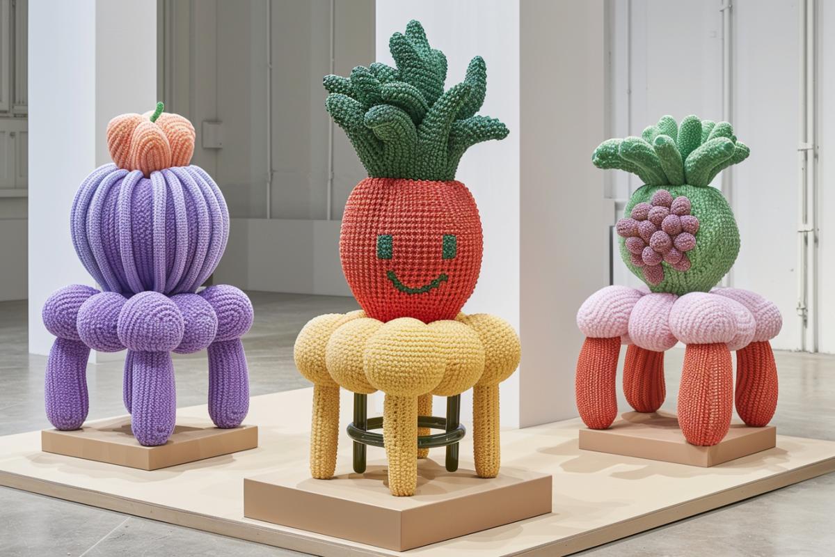 Armchairs in the shape of tomatoes and sausages in the living room