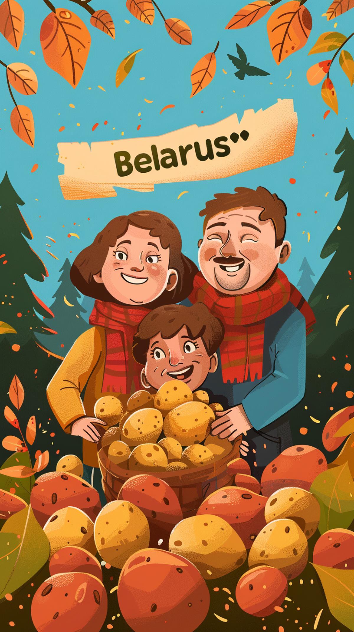 Cartoon poster of Belarus with the name \"Belarus\" in cartoon style. family in nature. a lot of potatoes