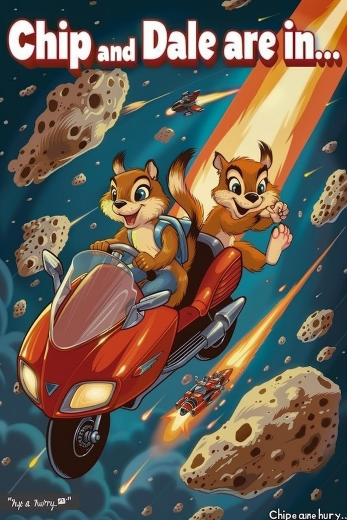 Cartoon poster, the inscription on top \"Chip and Dale are in a hurry...\", two squirrels rush on a space motorcycle among asteroids and comets, cartoon style