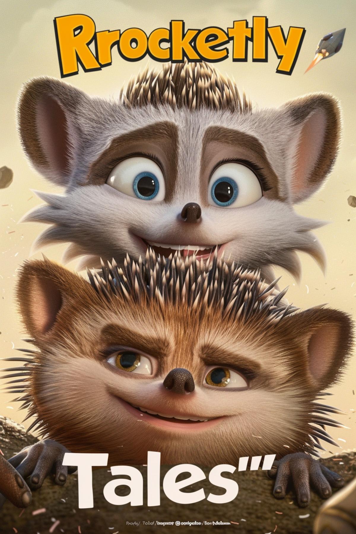 Poster for a cartoon about the adventures of two charming hedgehogs with the inscription \"rocketly Tales\"