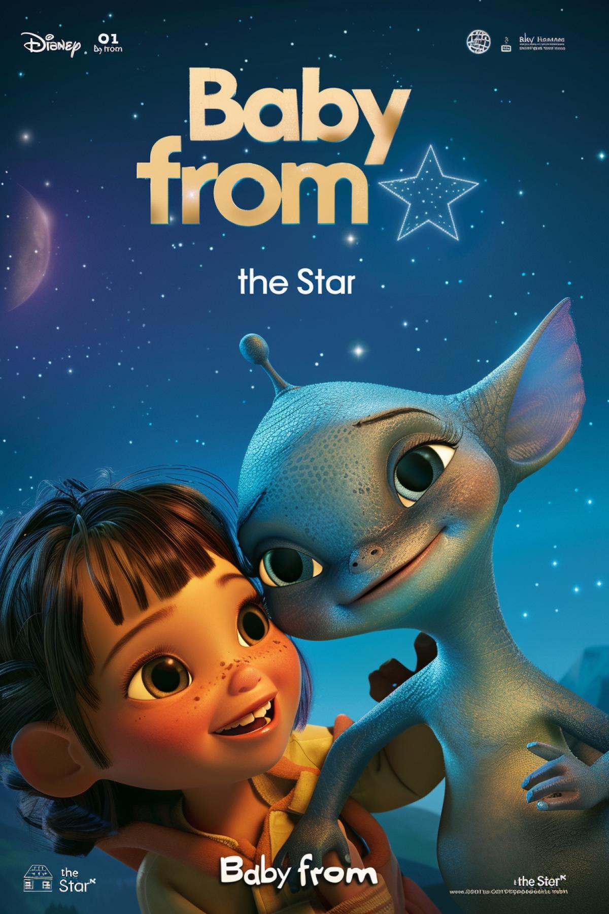 Poster for a cartoon about a touching friendship between a girl and an alien baby, with the inscription \"Baby from the Star\"