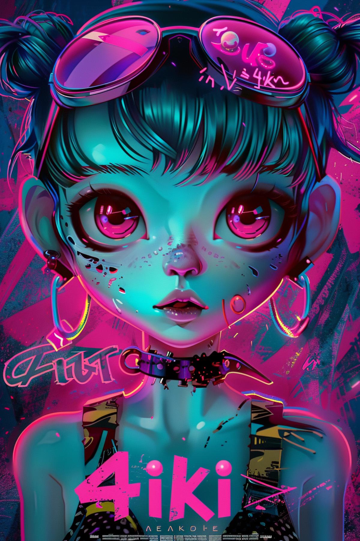 poster, a kind cheerful cartoon girl with big eyes and a thin body, the main character of the cartoon, Glam Rock, poster K cartoon, the inscription on the poster \"4iki\", wildstyle