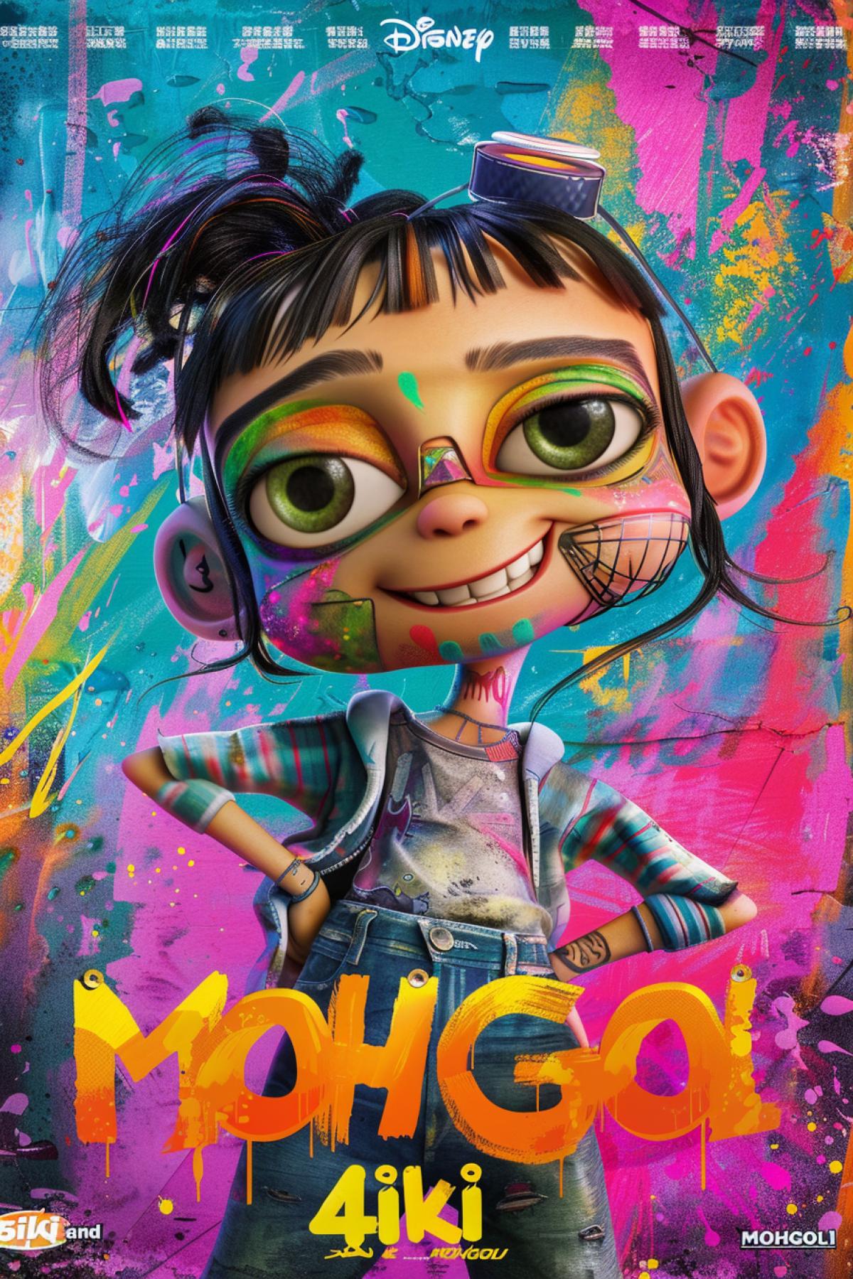 poster, a kind cheerful cartoon girl with big eyes and a thin body, and a Mongol boy with a swollen face, the main character of the cartoon, Glam Rock, poster K cartoon, the inscription on the poster \"4iki and MOHGOL\", wildstyle