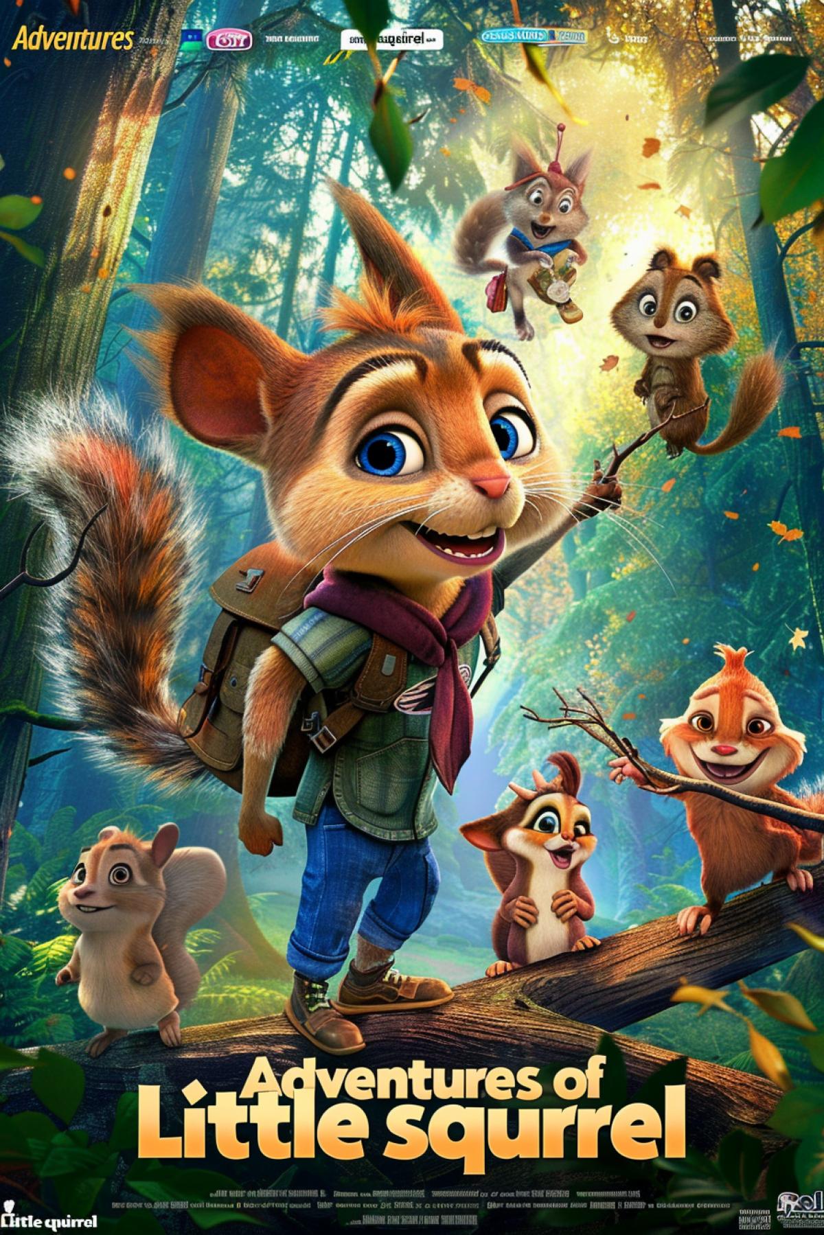 Poster for a cartoon. The plot centers on a young squirrel who dreams of exploring the world. He goes on an exciting journey in search of ancient artifacts and encounters mysterious creatures. During his adventures, he realizes that the real treasure is friendship and courage, the inscription \"Adventures of Little squirrel\"