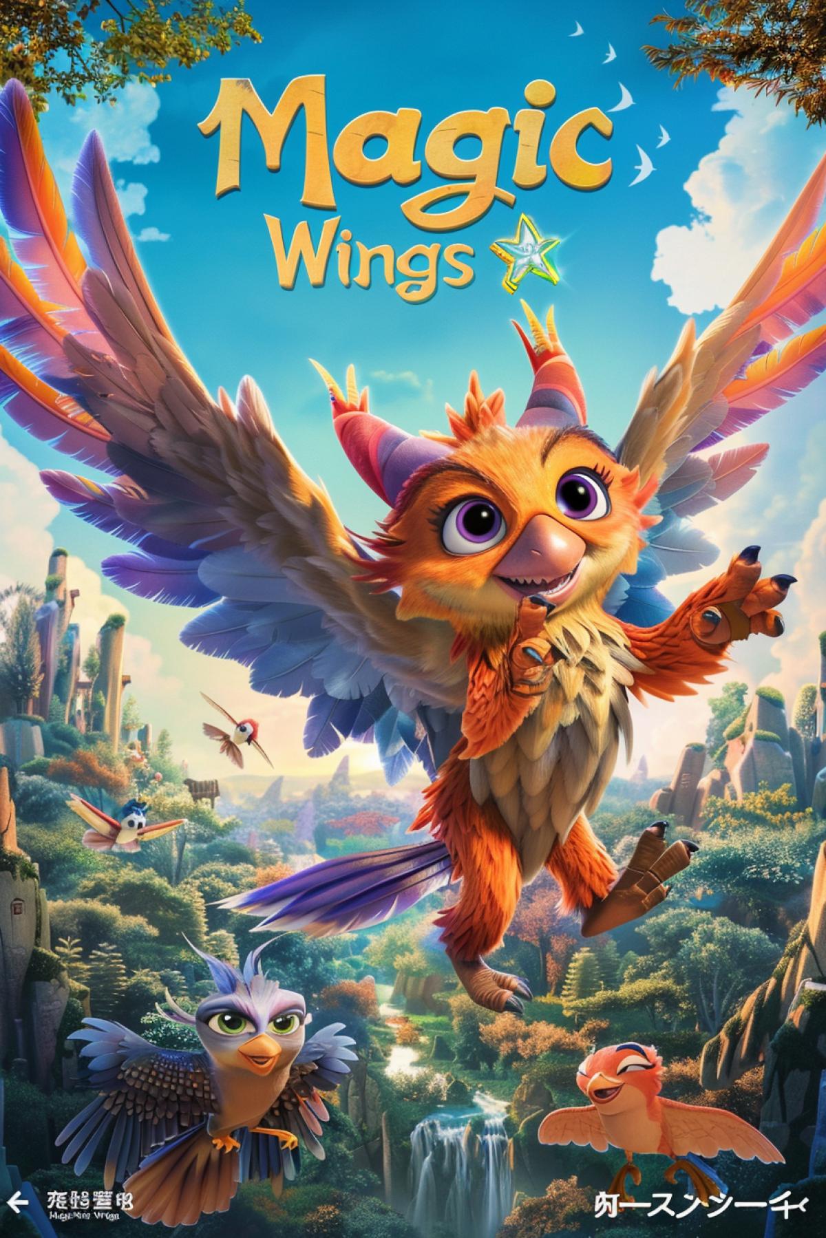 Cartoon poster: In a magical world inhabited by various types of flying creatures, a war begins over resources. The main character, a young griffin, seeks to reconcile the parties and find a peaceful solution. He sets out on a dangerous journey to find the legendary Magic Wings that can bring peace and harmony, the inscription \"Magic Wings\"