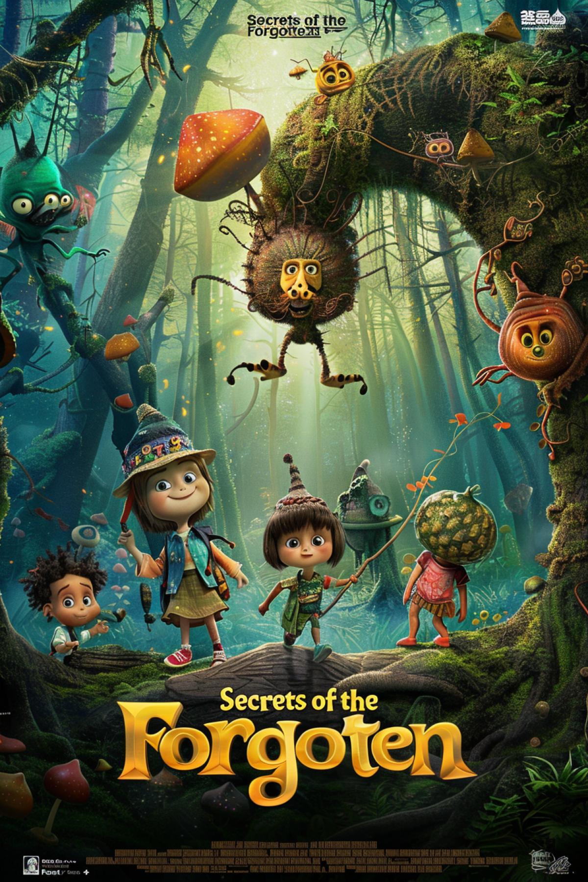 Cartoon poster: In a magical forest, forgotten by people, amazing creatures and magic live. A group of children accidentally end up there and face mysterious mysteries and dangers. They must combine their dirts and courage to uncover the secrets of the forest and find the way home, the inscription \"Secrets of the Forgotten Forest\"