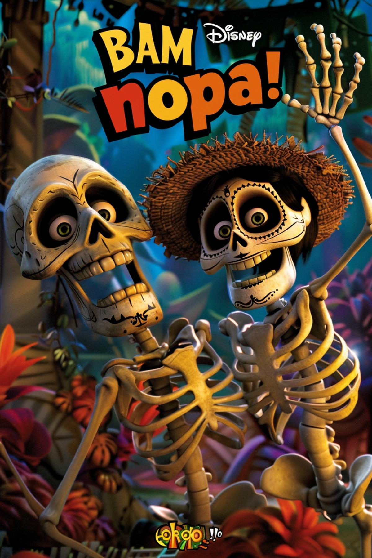 Poster of animated cartoon Pixar studio film about adventures of macabre skeletons and death itself s \"BAM nopa!\"