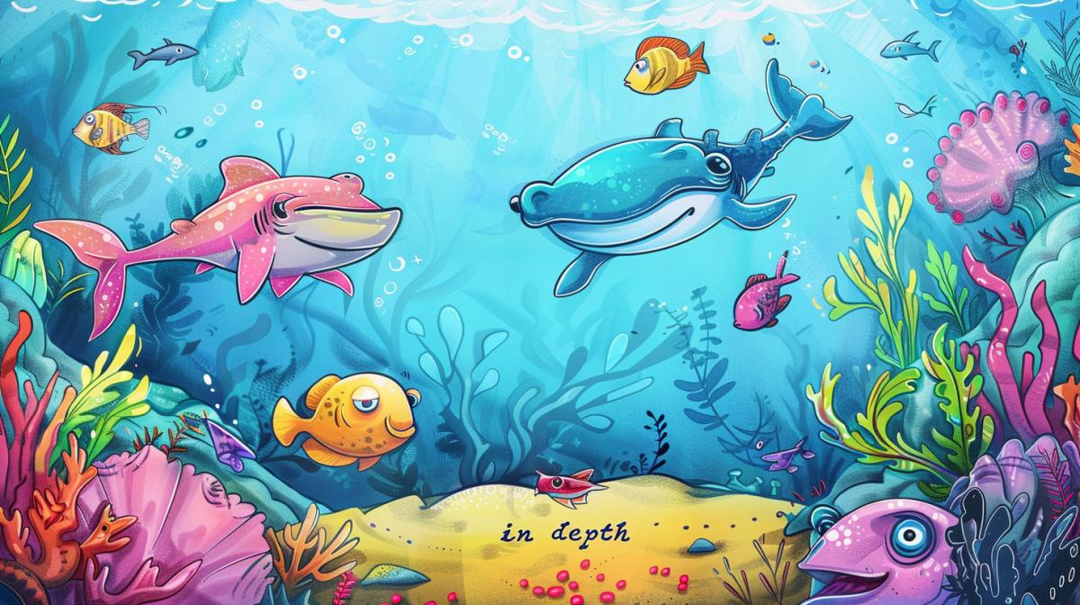 Imagine yourself as a cartoonist and screenwriter. Draw a bright cartoon poster with the inscription “in depth” at the bottom. adventures of the hammerhead fish and the electric stingray.