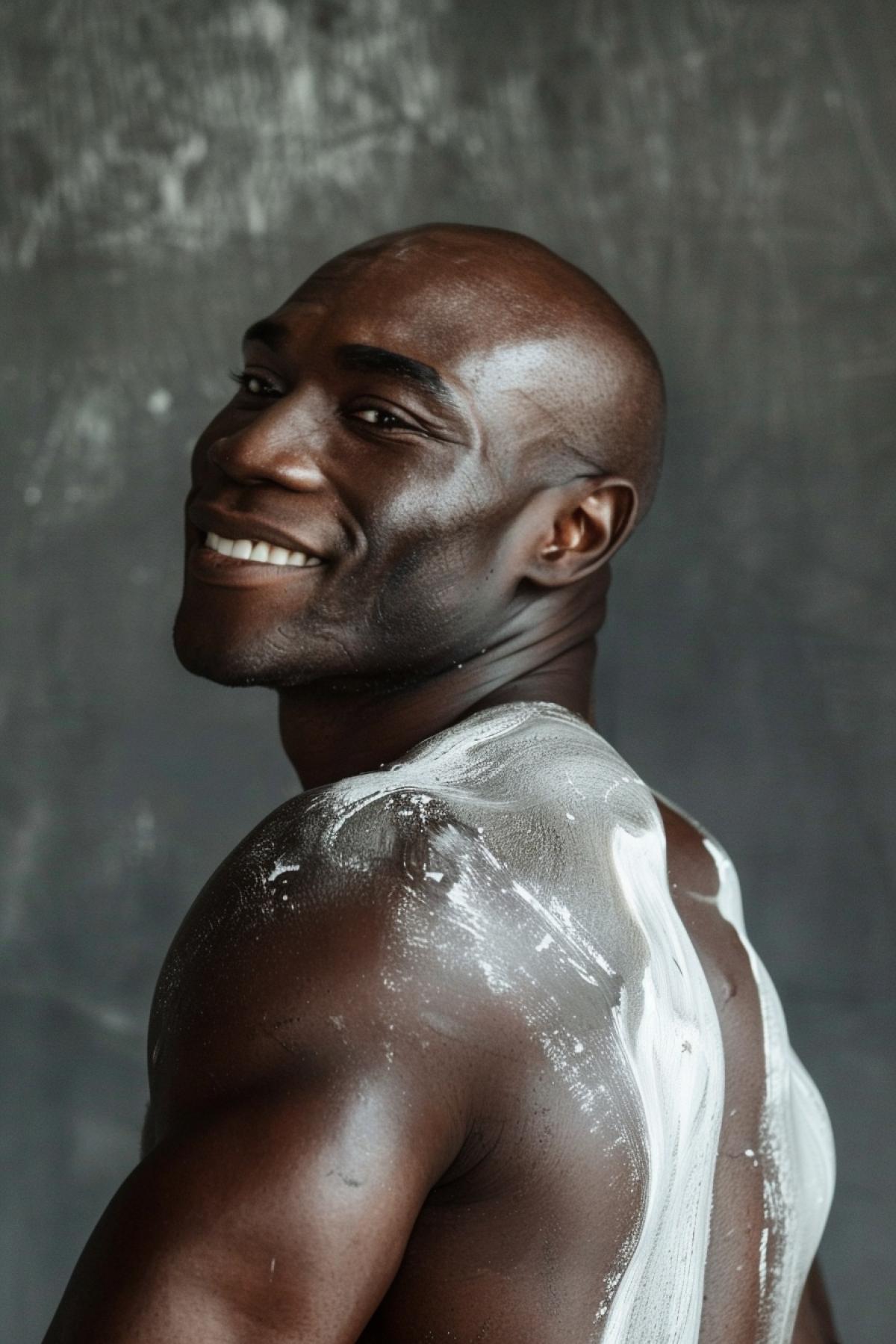 Handsome African in luxury with painted white skin of his back smiling over shoulder