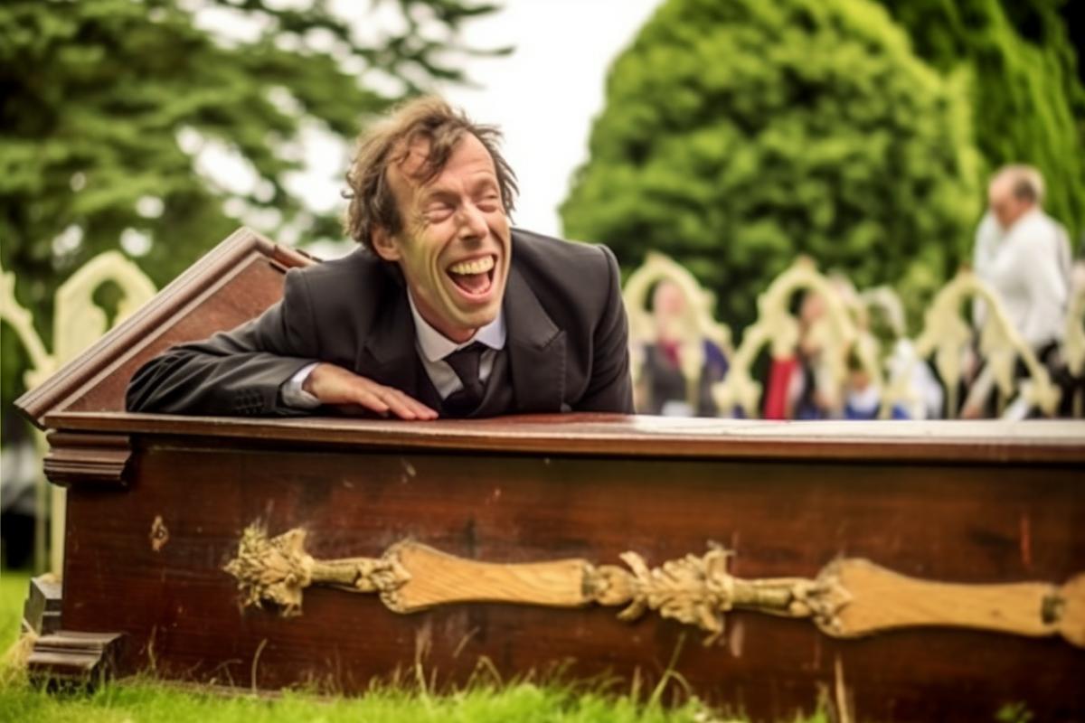 A man lies in a coffin, laughs, people at the funeral are scared, the joke is in the coffin!