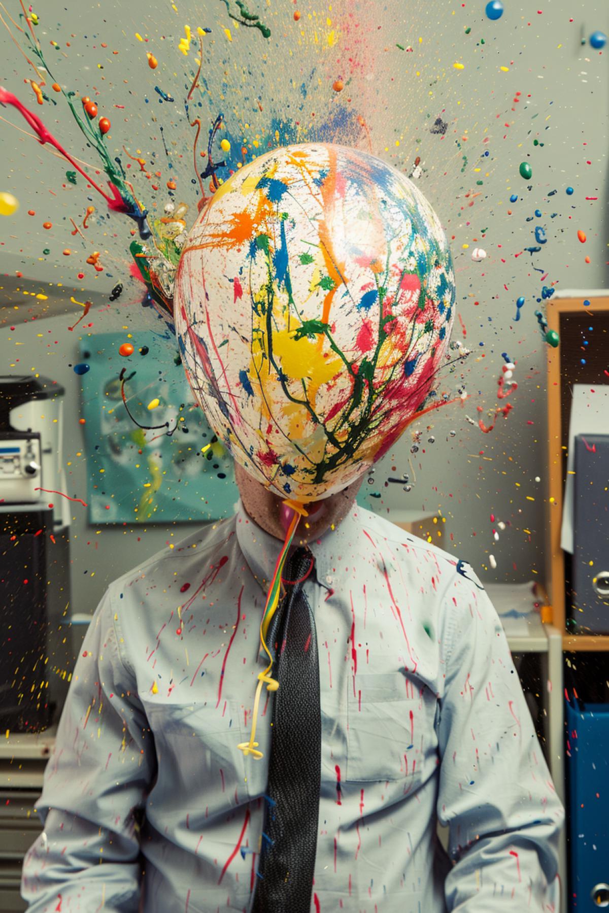 A balloon with paint explodes over a mans head in the office, prank, humor, dynamic, funny, incident