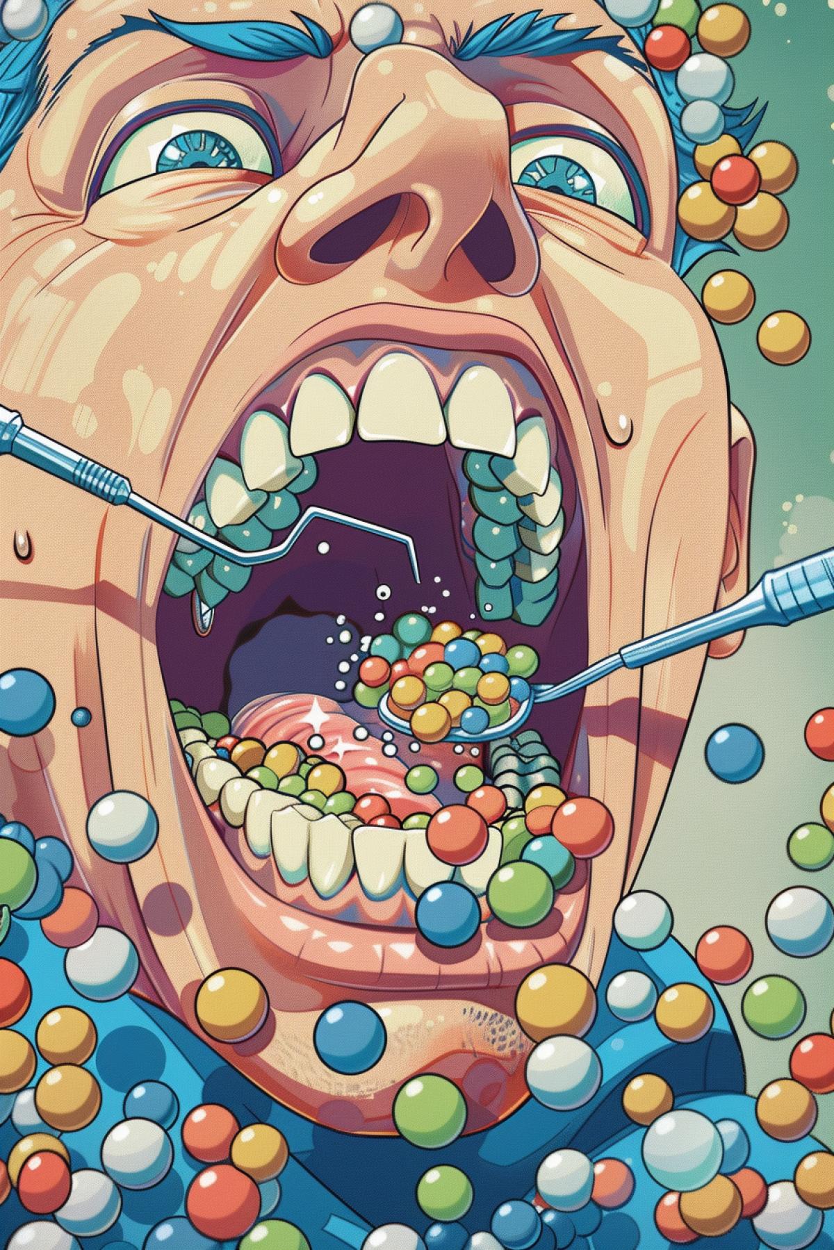 Dentist in dental beads, humor, laughter cartoon