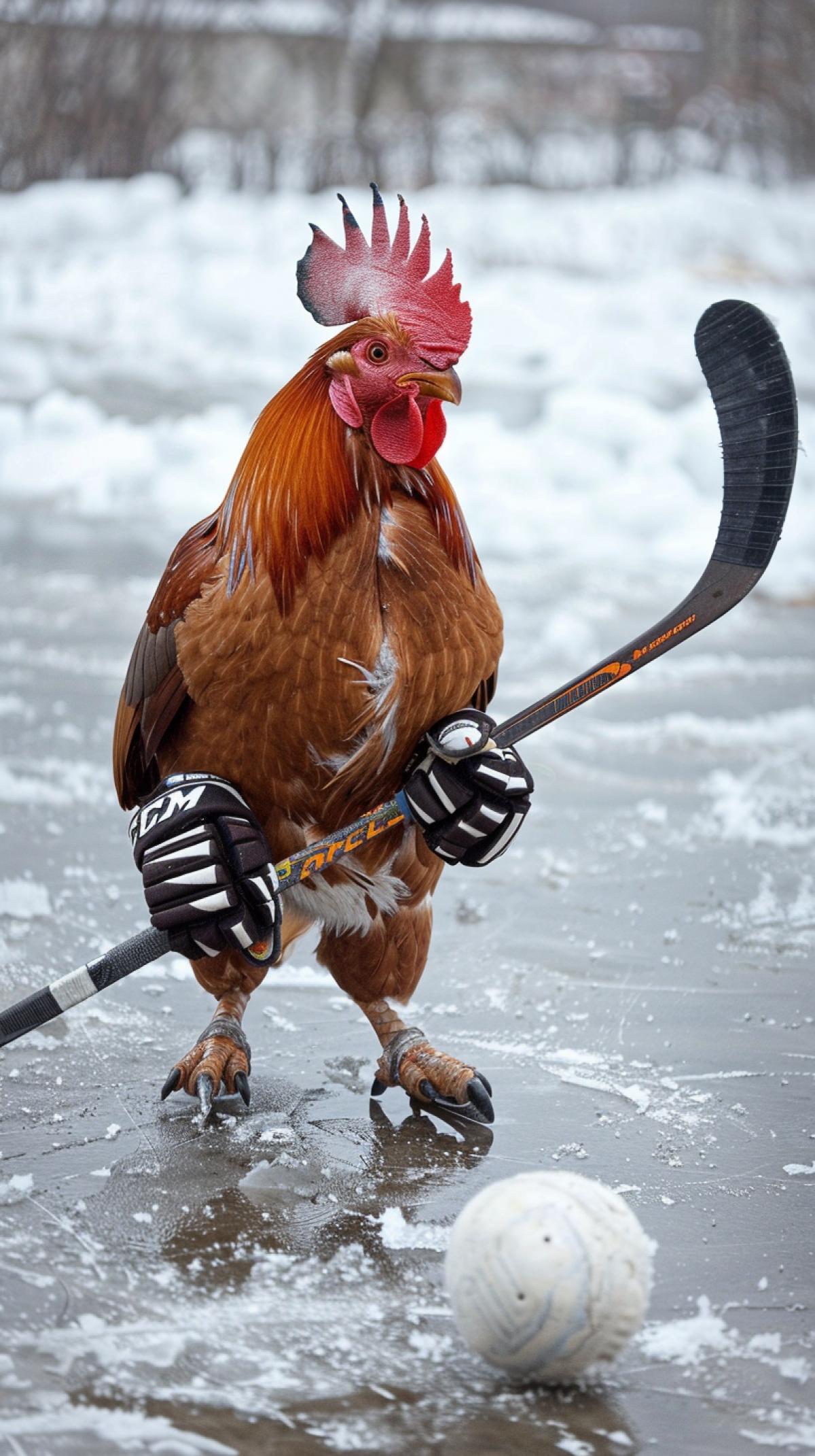 Rooster playing hockey