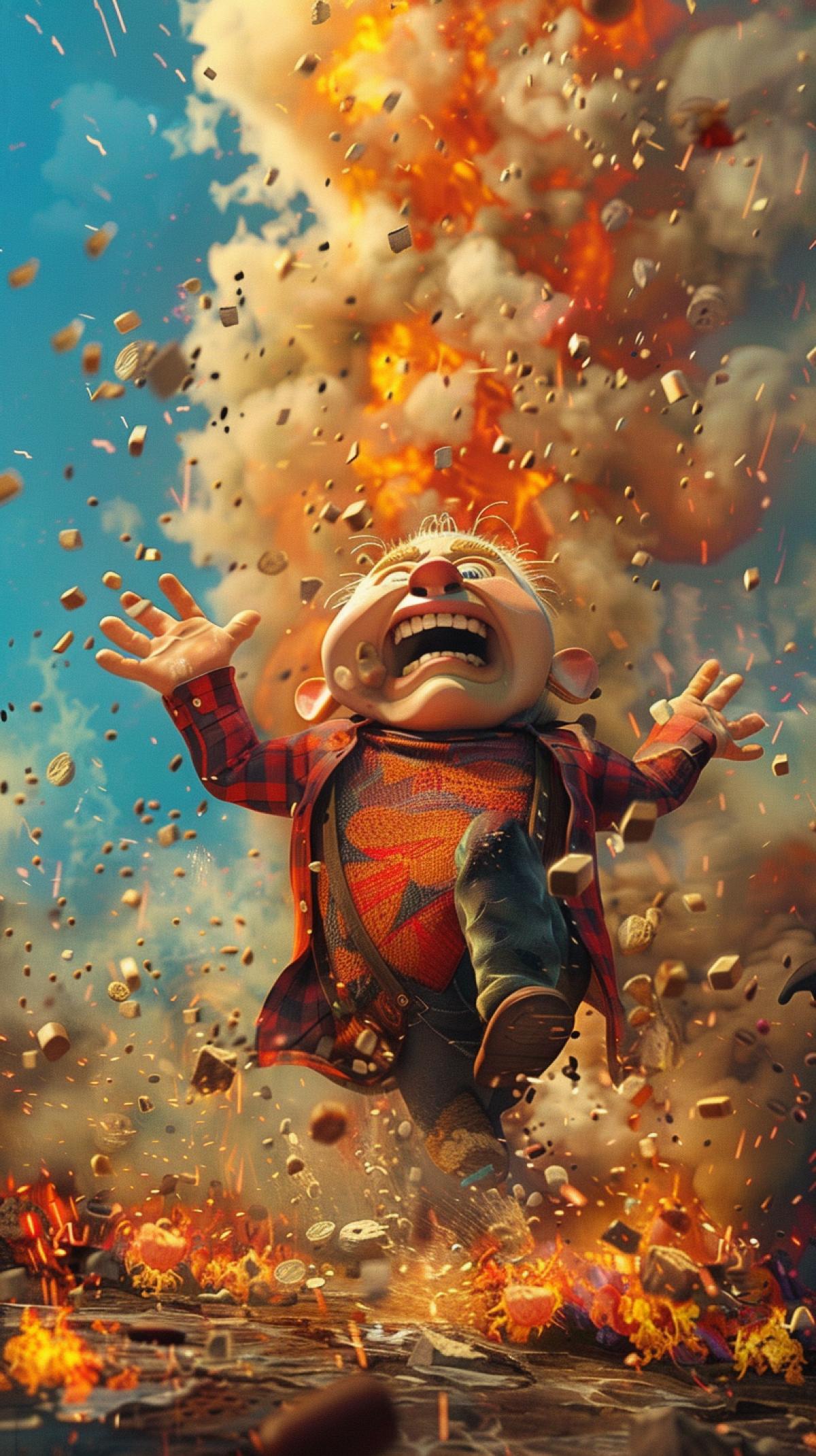 Use the same image exactly the face of the photo to create a realistic illustration of a carachter with a surprised and exaggerated caricature expression full-body surrounded by firecracker explosions holding a large quantity of firecrackers 9:16:: hi res