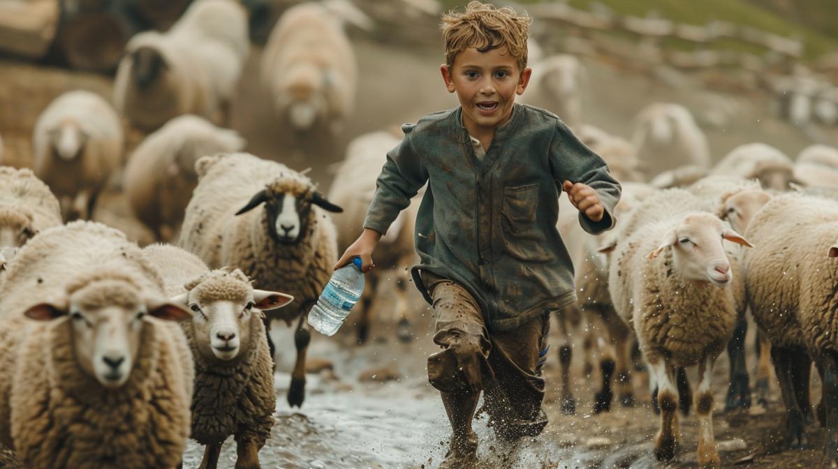 A boy with a bottle of water runs after a crowd of dirty sheep