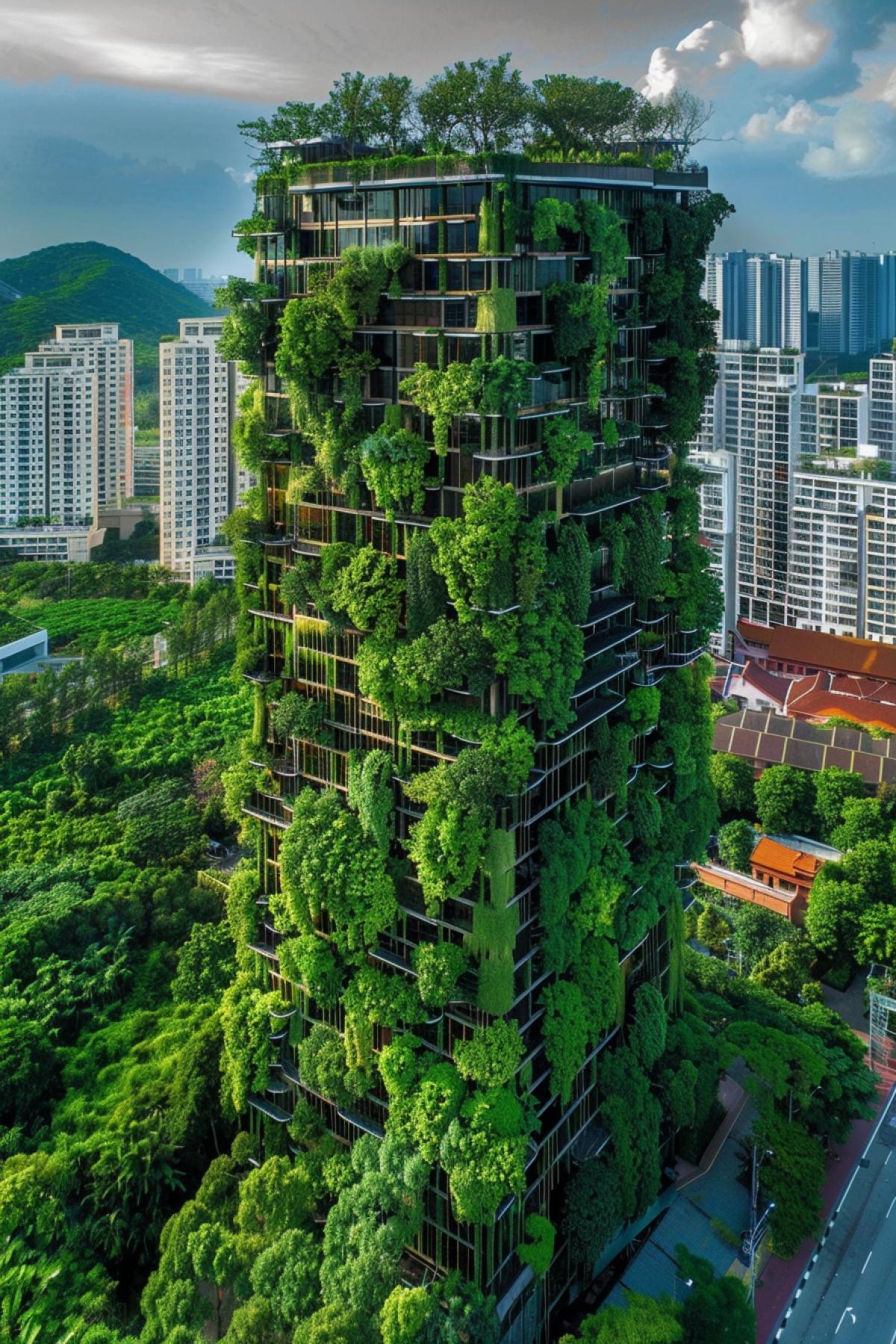 A huge skyscraper made of trees and foliage