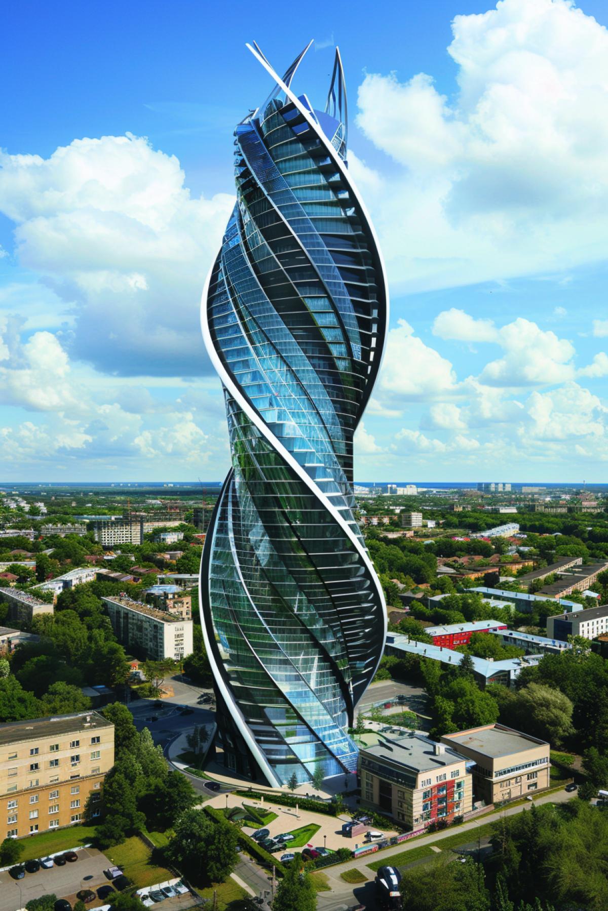 A very beautiful symmetrical spiral skyscraper rises above the metropolis