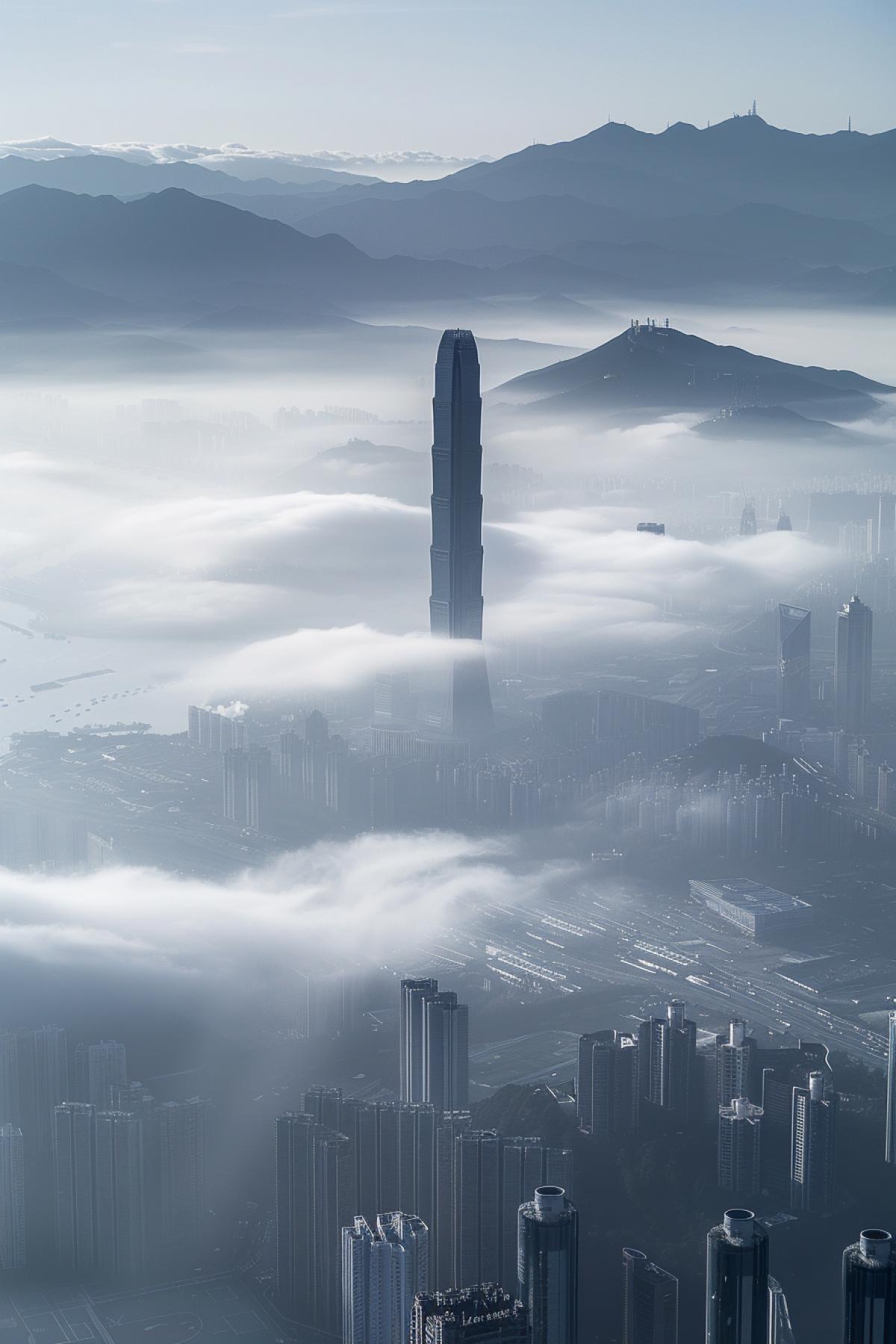 A very beautiful symmetrical spiral skyscraper rises above the metropolis