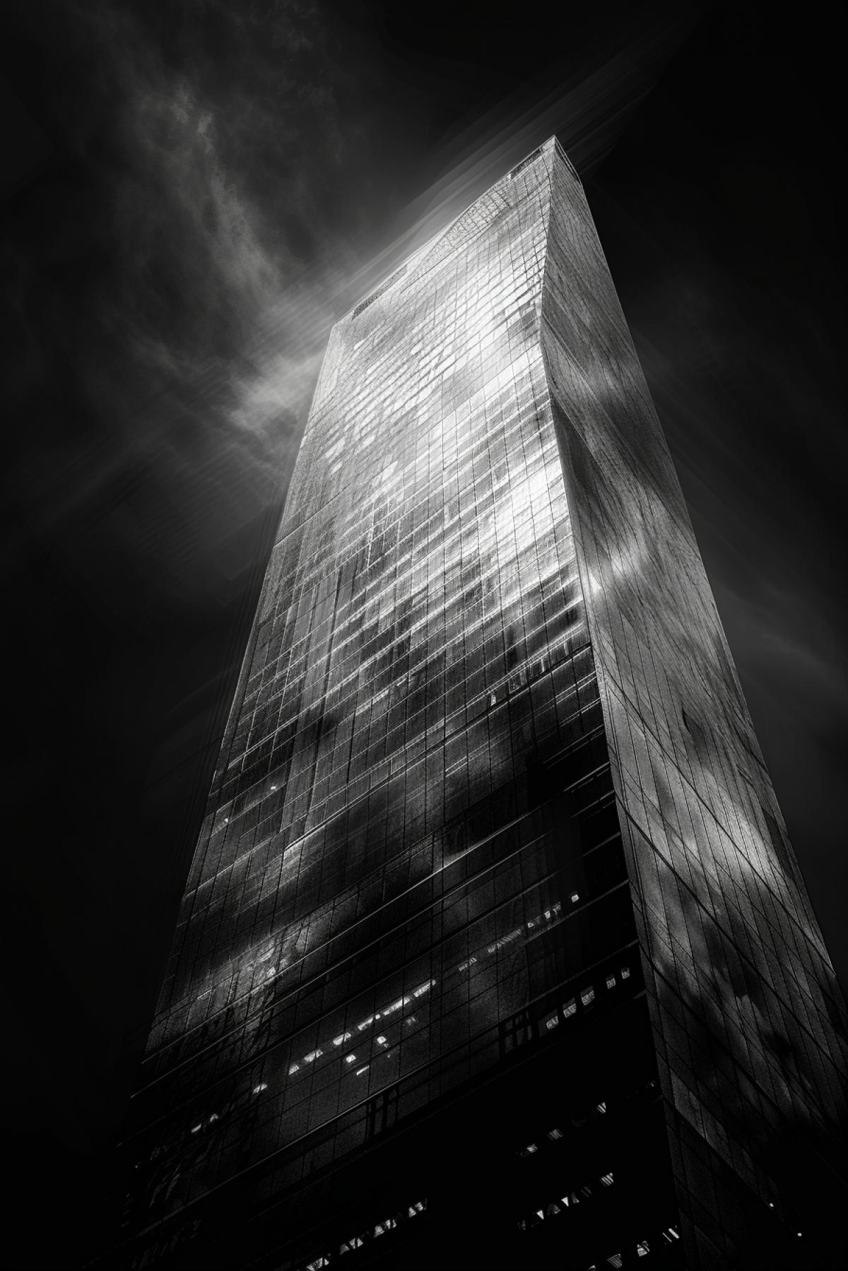 A skyscraper made of glass to a nab in the darkness, the light of the radiance of hope, flickering, parallel world, distortion of reality, modern art, social advertising