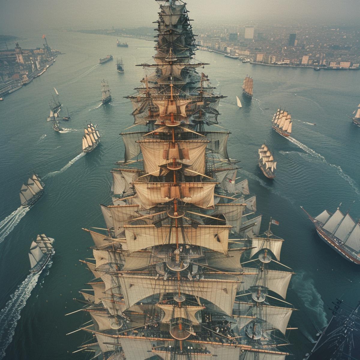 Skyscraper. built from sailing ships stacked on top of each other, photograph from above, land far below