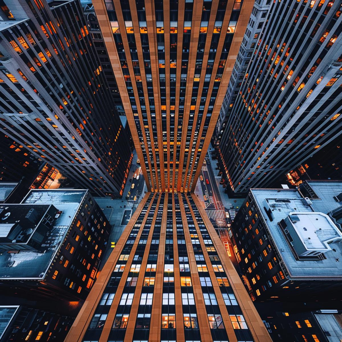 a unique skyscraper in the center of a metropolis, photographed from above, the ground far below, the top floor of the skyscraper is decorated with an ancient sailboat