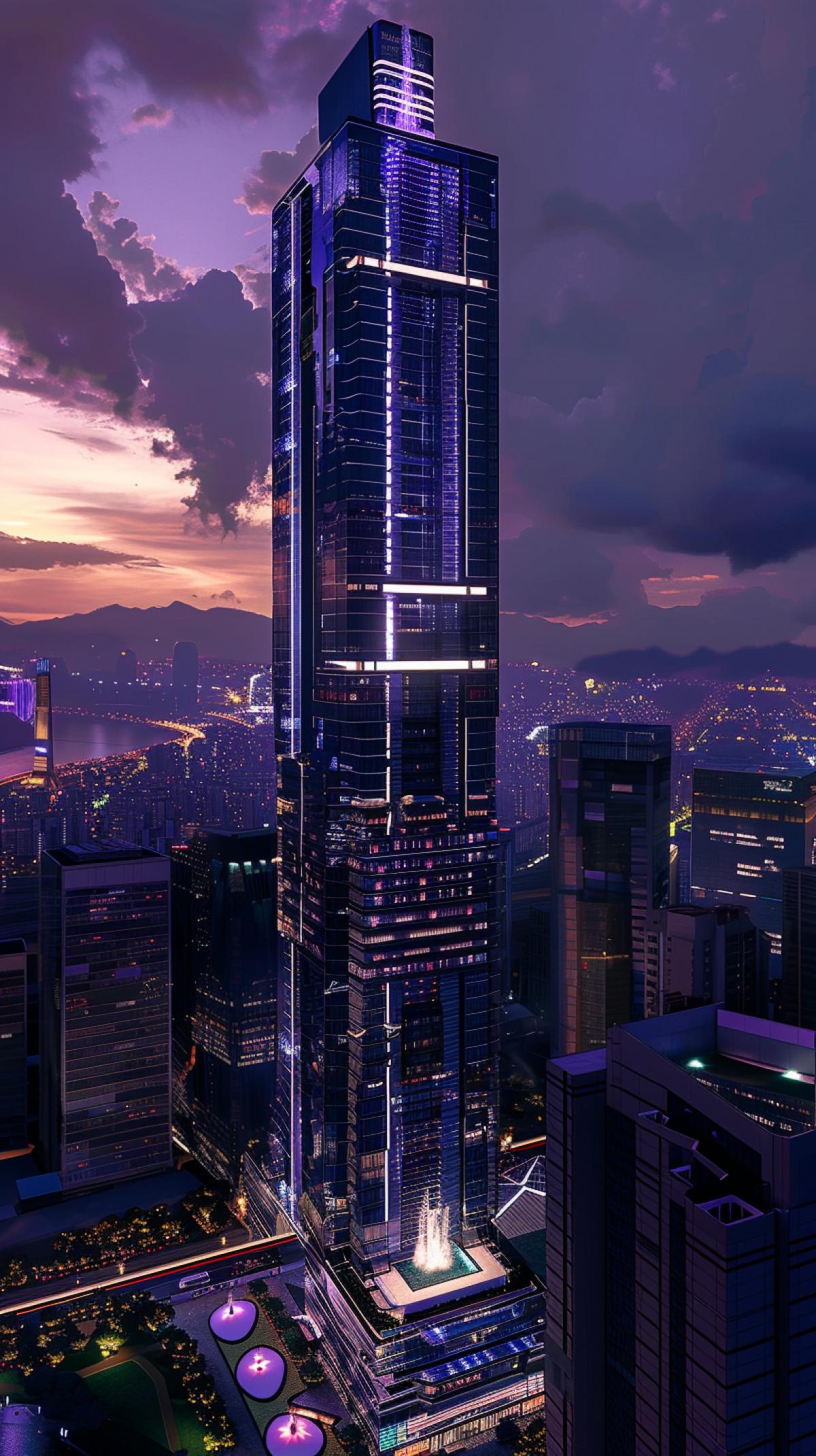 super skyscraper with lighting, fountains,