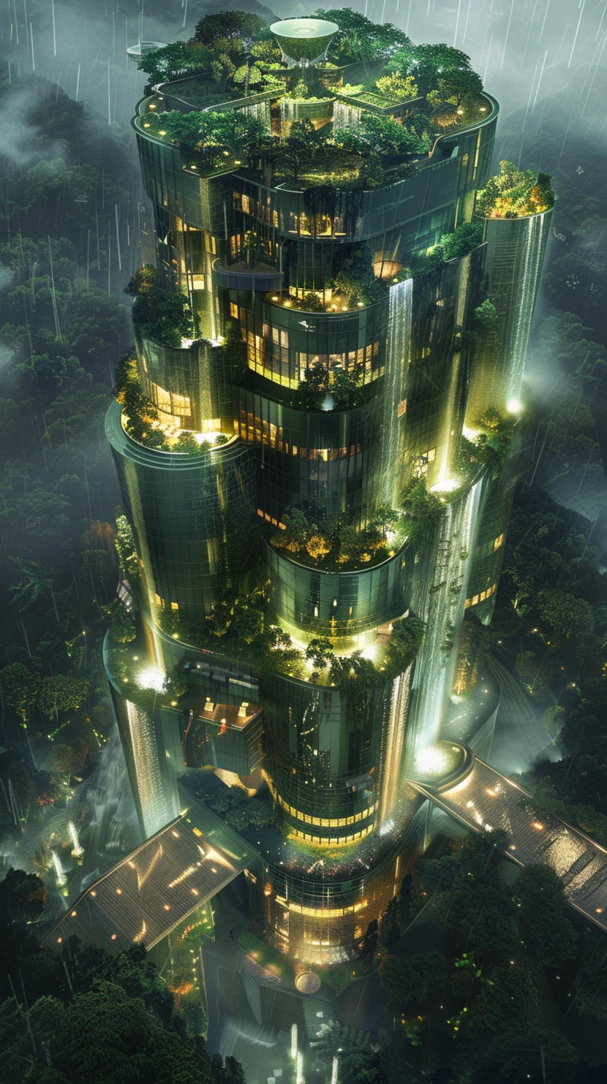 super skyscraper with lighting, fountains and waterfalls, an arboretum on the top floor of futuristic shapes. surrounded by greenery