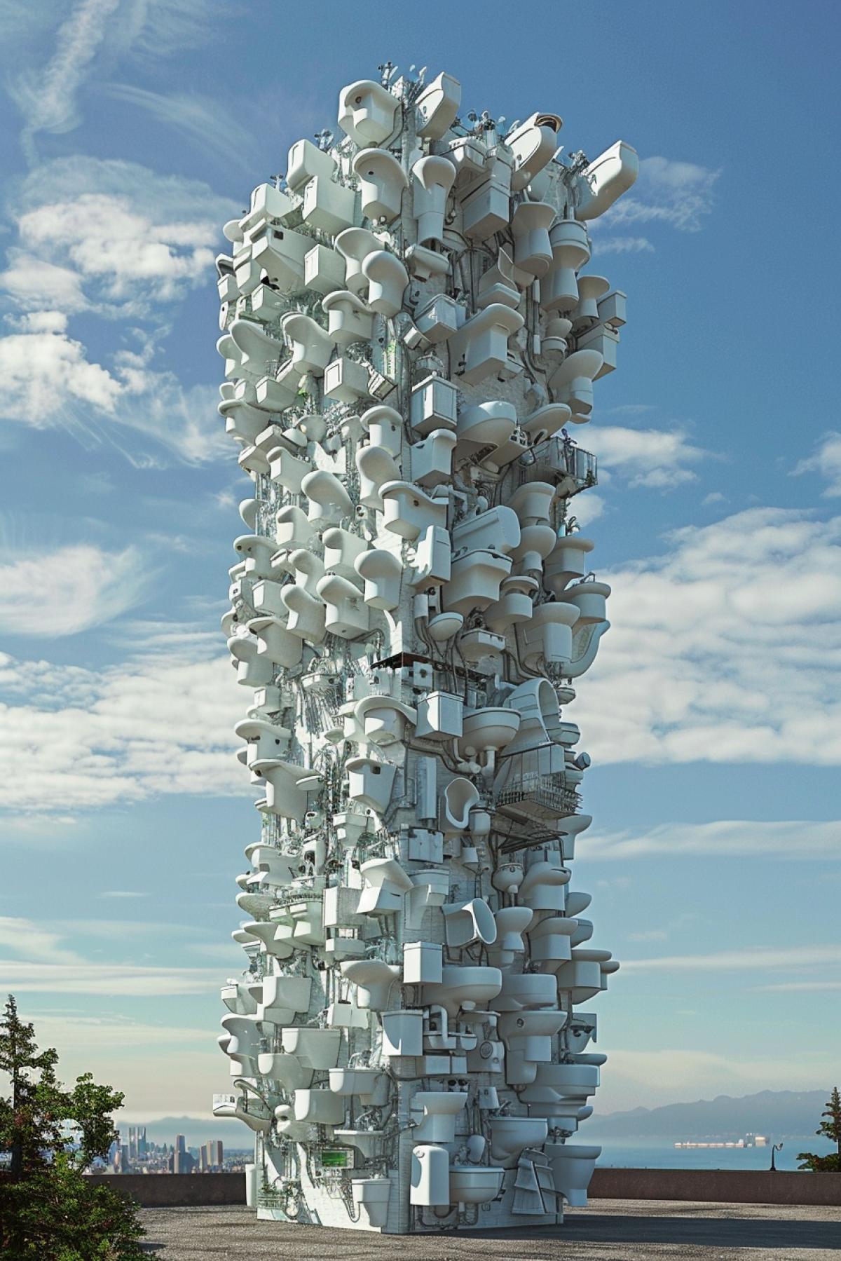 Skyscraper made from toilets, photorealism