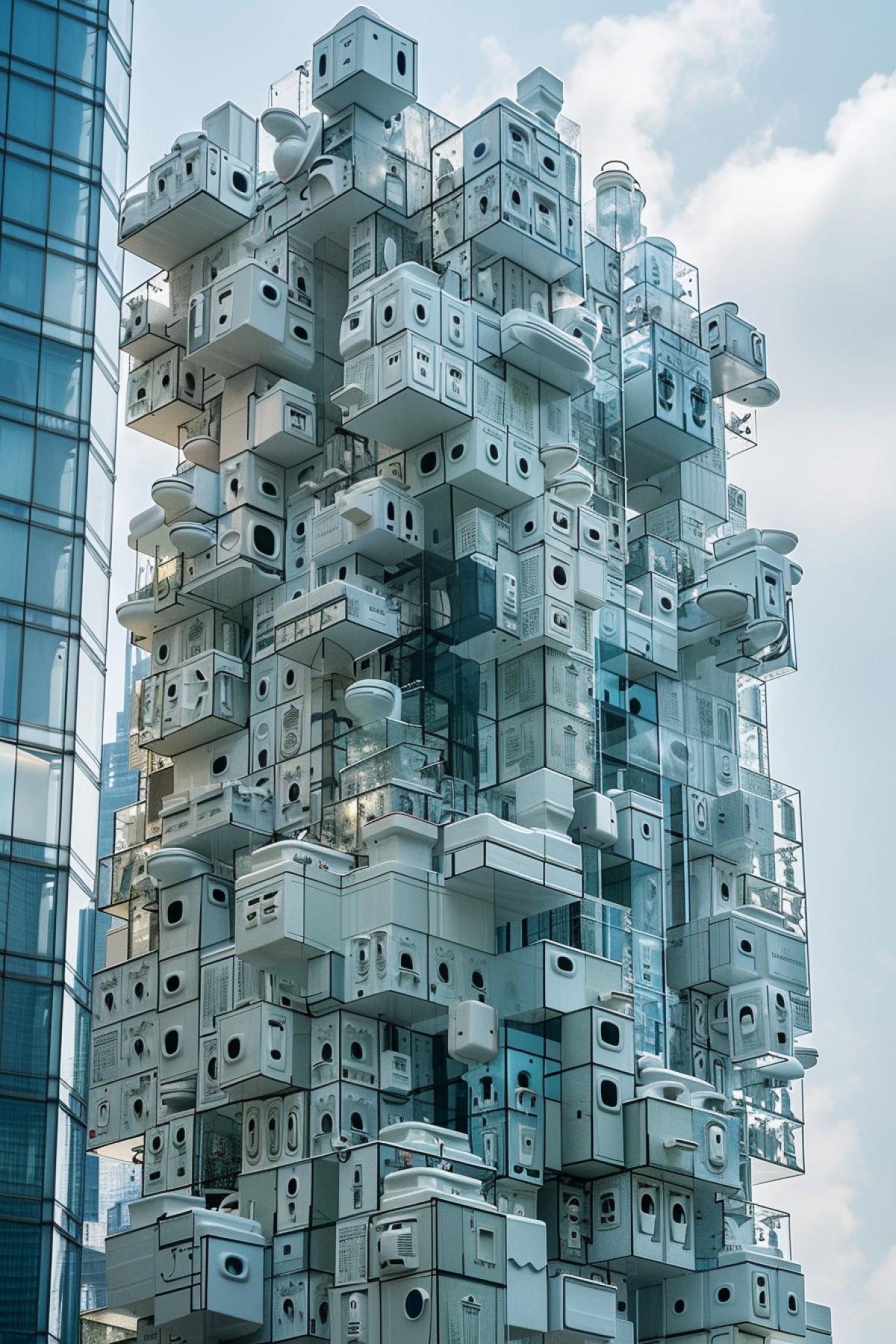 Skyscraper made from toilets, photorealism