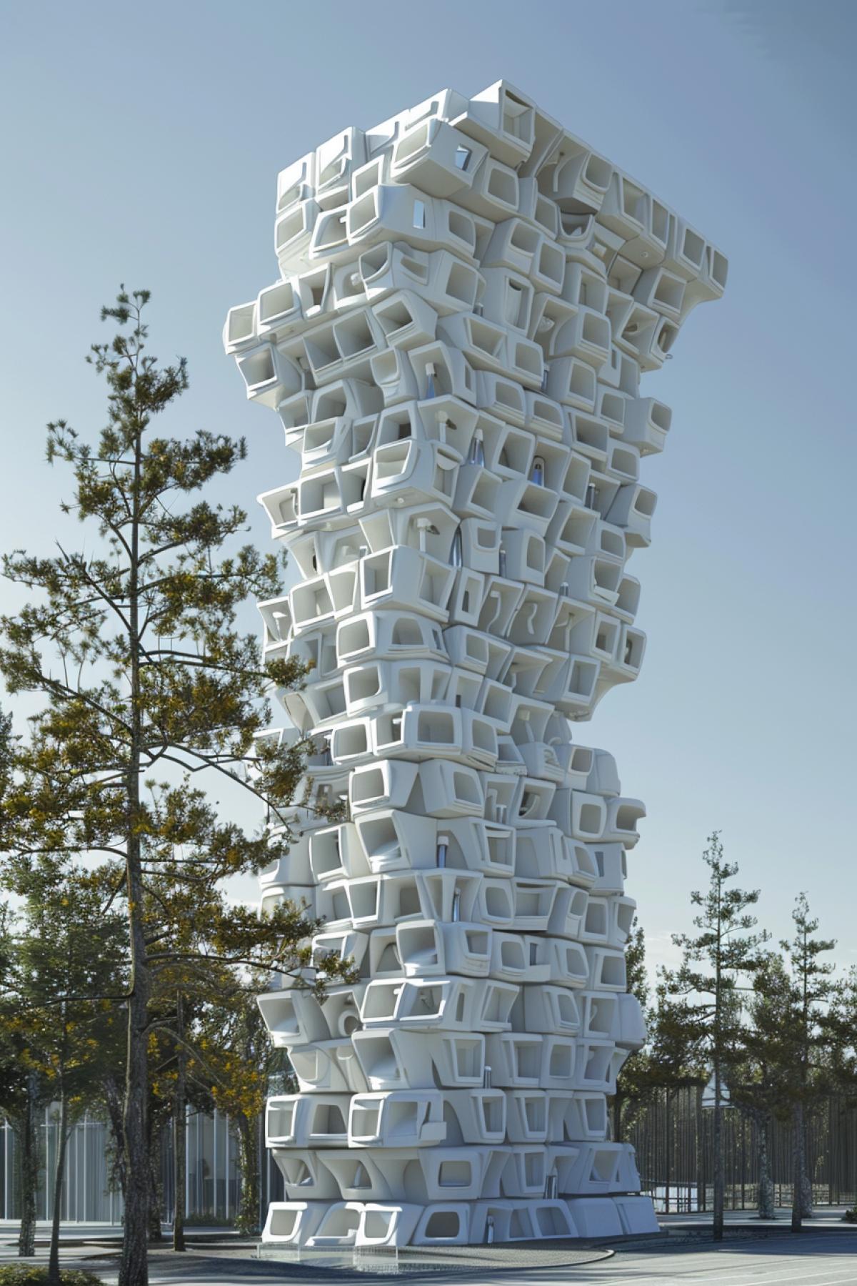 Skyscraper made from toilets, photorealism
