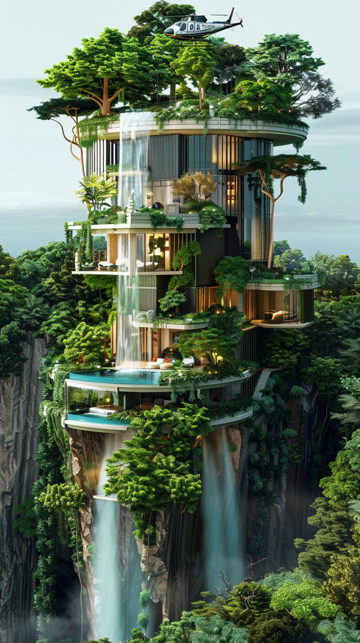 A very tall house, a skyscraper, with a fountain and a waterfall, greenery all around, a helipad on the roof