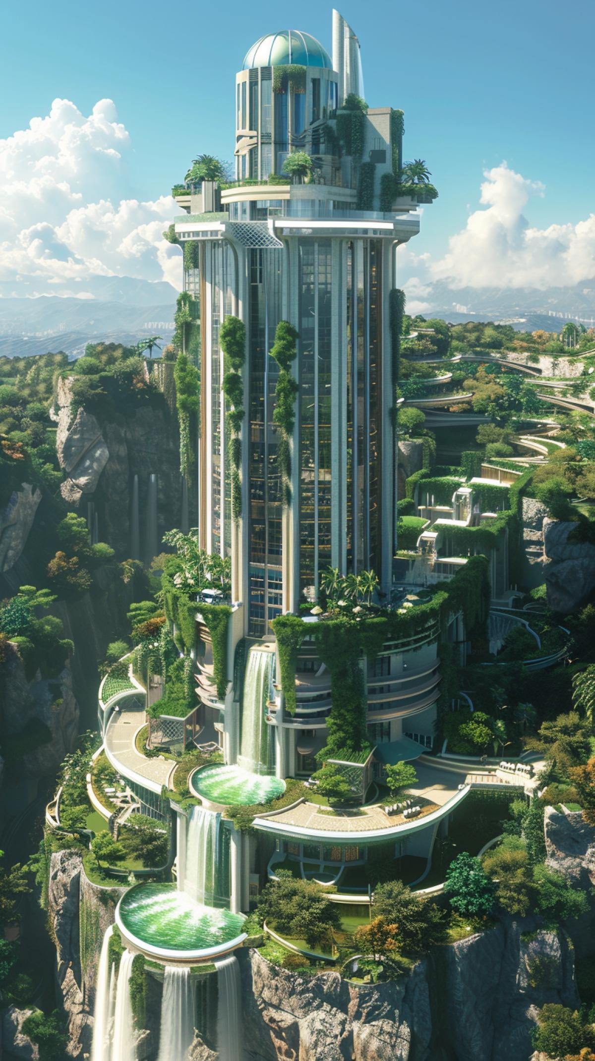 A very tall house, a skyscraper, with a fountain and a waterfall, greenery all around, a helipad on the roof