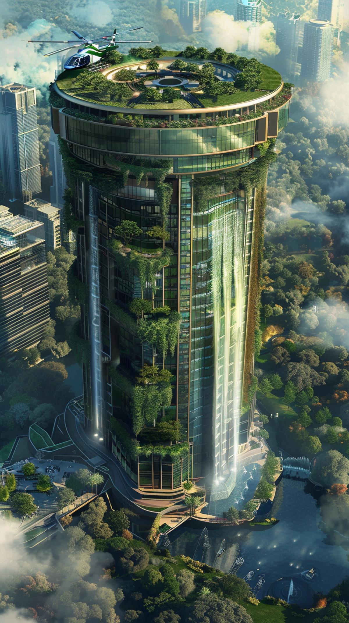 A very tall house, a skyscraper, with a fountain and a waterfall, greenery all around, a helipad on the roof