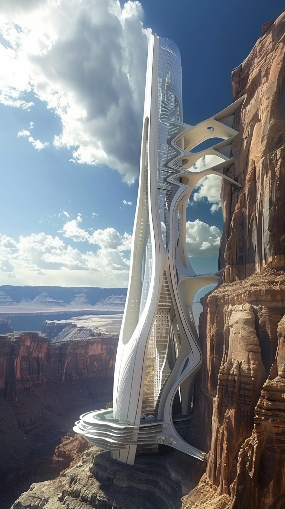 Huge Futuristic skyscraper with a biomorphic design reaching into the sky from the middle of the grand canyon, with view of grand canyon, white lighting inside skyscraper,dramatic blue sky ::10, very bright light inside, architectural photography, futurism, 8k, cinematic lighting, modernist architecture, extreme wide angle lens