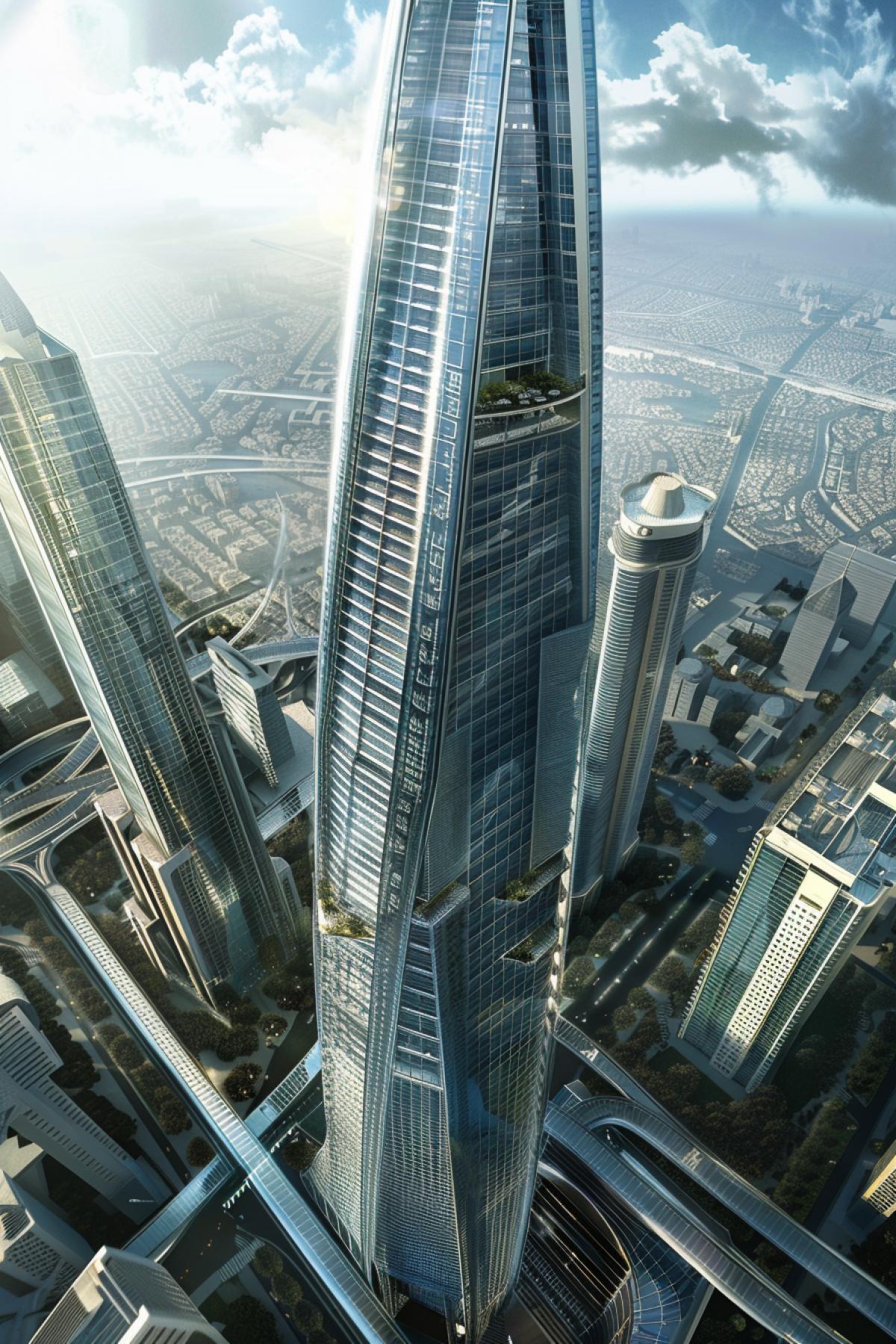 a futuristic skyscraper with solar panels and a huge chic rooftop restaurant, Chun below glass walkways to other skyscrapers, even below the air subway line