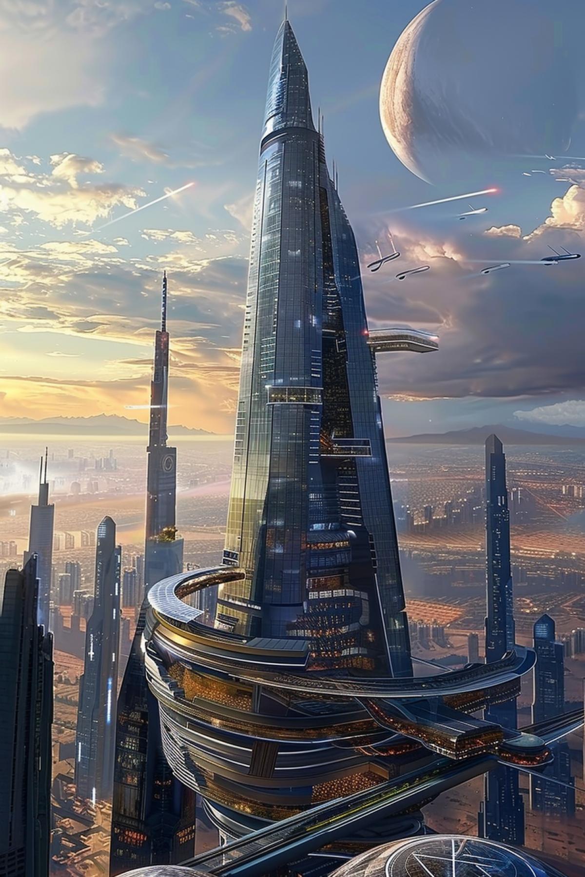 a futuristic skyscraper with solar panels and a huge chic restaurant on the roof, Chun below glass walkways to other skyscrapers, even lower is an air subway line built on another planet, two moons in the sky
