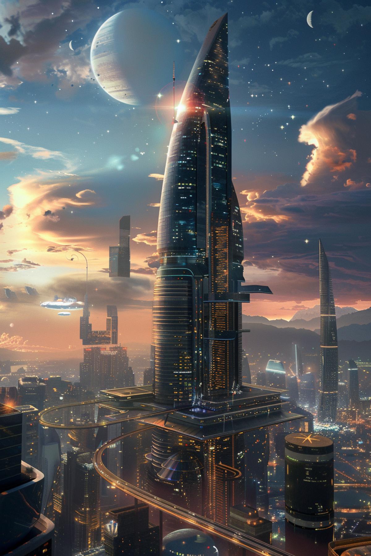 a futuristic skyscraper with solar panels and a huge chic restaurant on the roof, Chun below glass walkways to other skyscrapers, even lower is an air subway line built on another planet, two moons in the sky