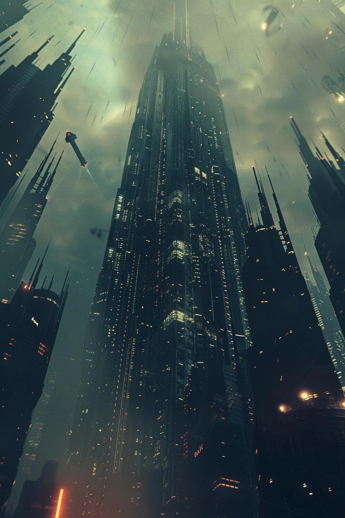 Skyscraper, futuristic, fantastic, unreal, creative design, ambitiously, deus ex style, atmospheric, another world