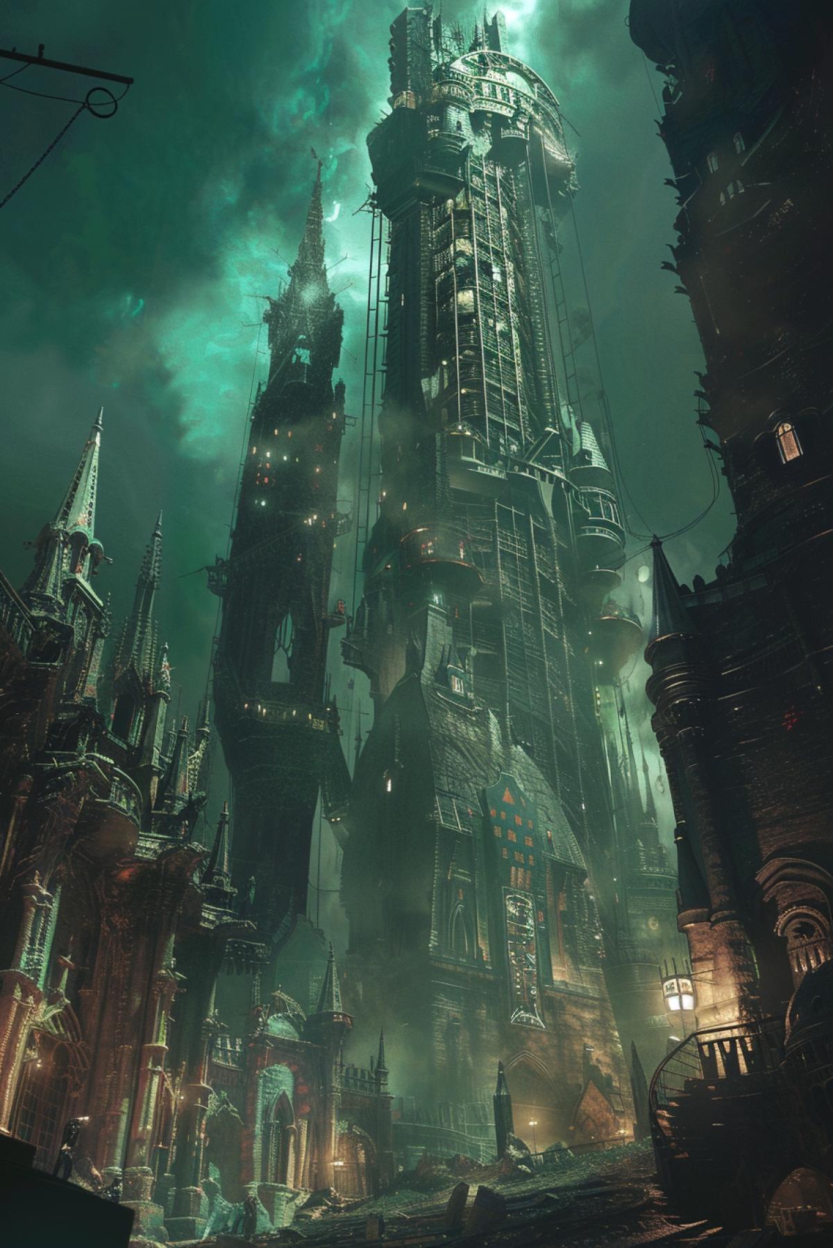 Skyscraper for Dracula, futuristic, fantastic, unreal, creative design, ambitiously, atmospheric, another world
