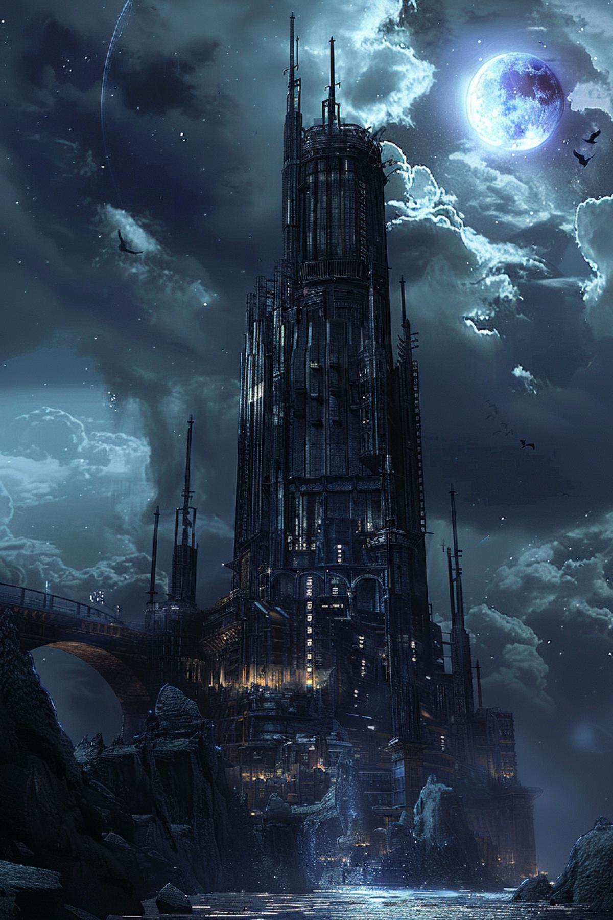 Skyscraper for Dracula, fantastic, unreal, creative design, ambitiously, atmospheric