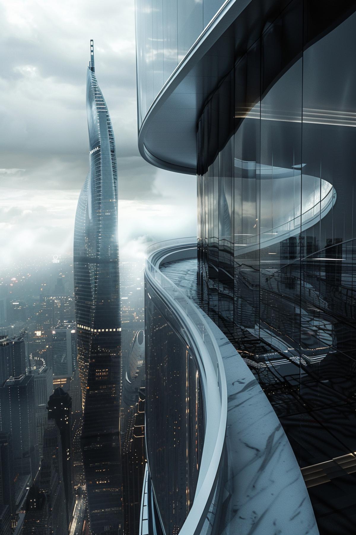 Skyscraper, futuristic, fantastic, unreal, creative design, ambitiously, elegant, atmospheric, another world