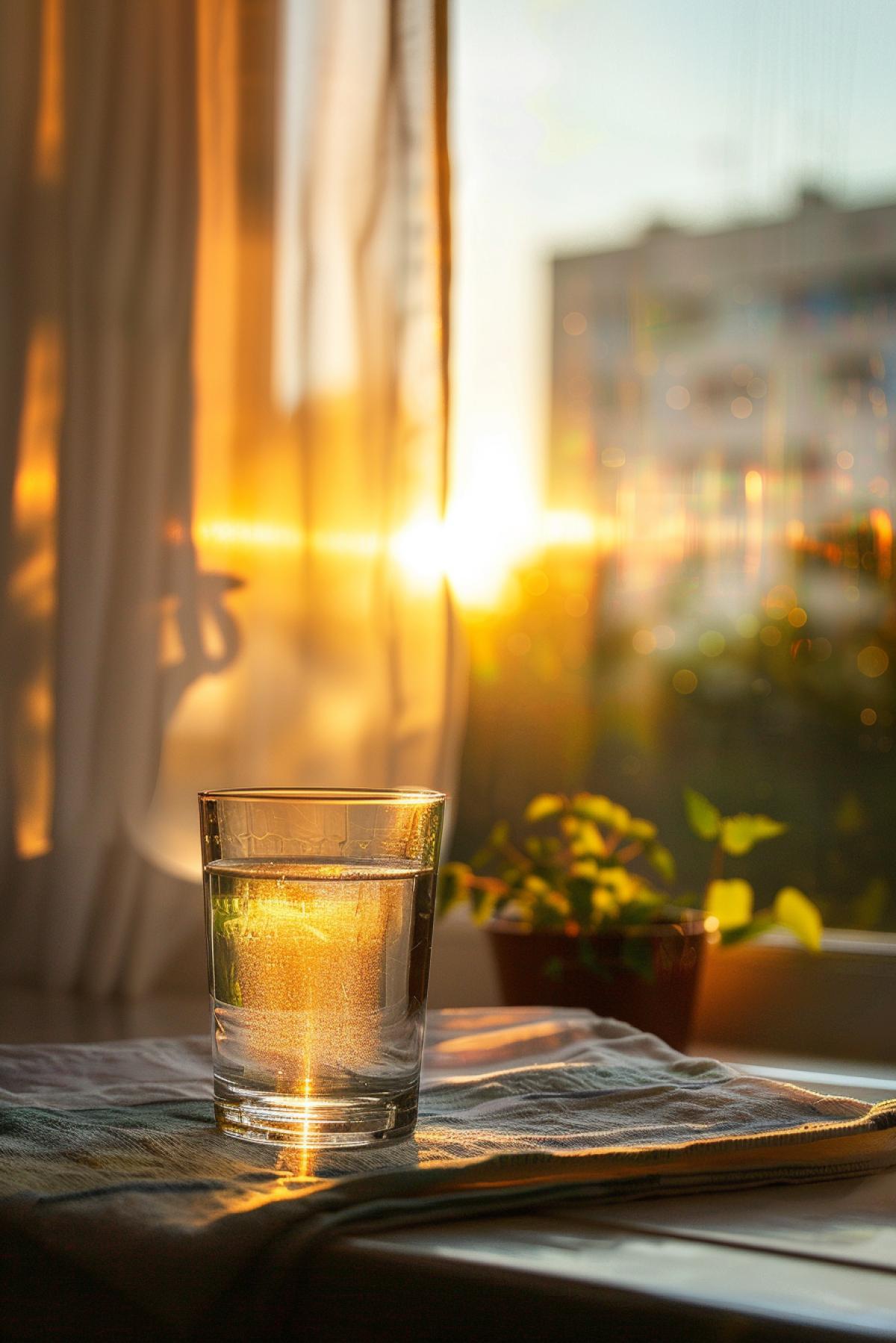 Glass of pure water upon the table napkin cosy kitchen interior big window tender curtains morning sunrise behind window