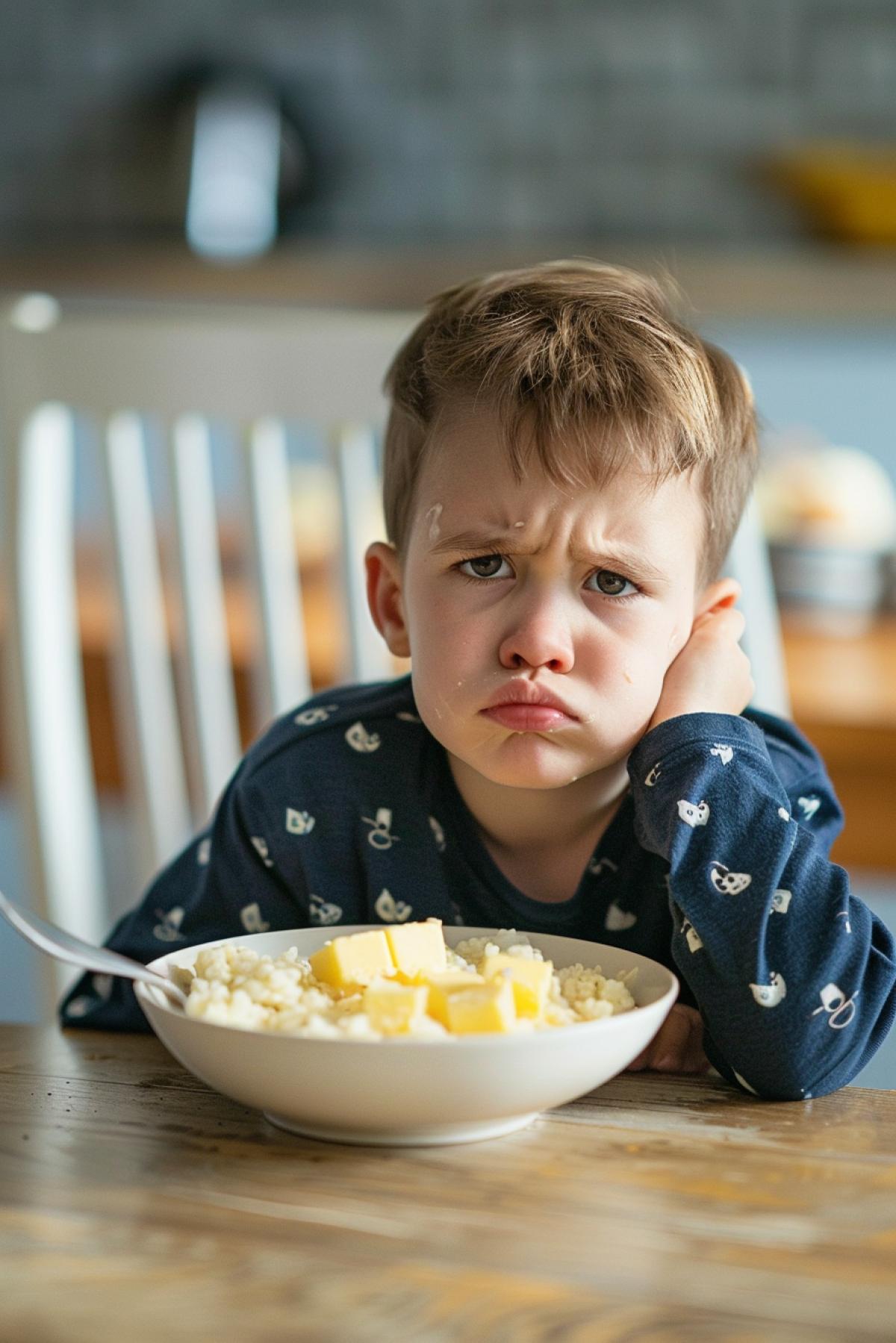 Sad 4-year-old boy at the table doesnt want to eat breakfast porridge with big cube of butter spoon in hand weeping detailed photo