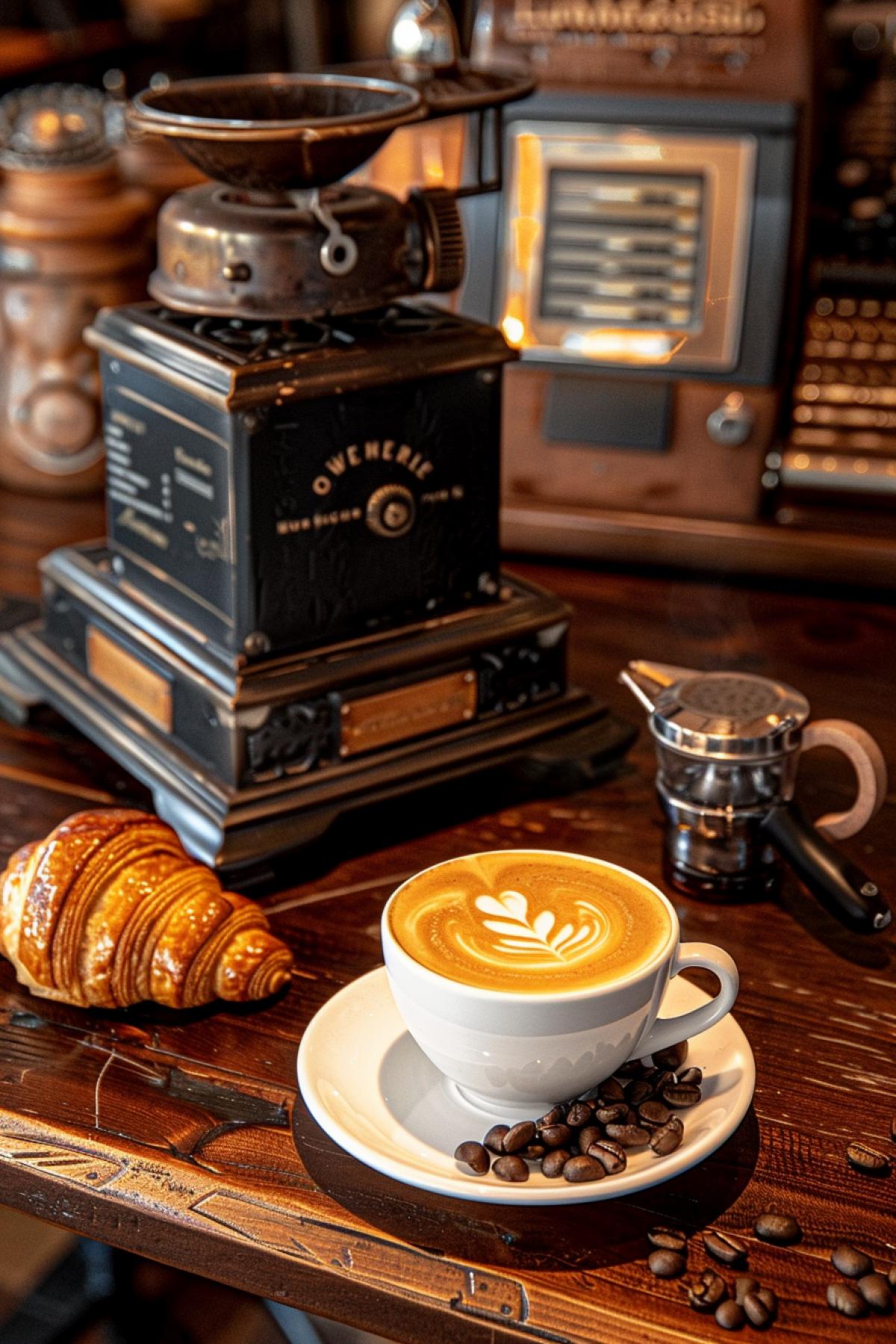 a cup of aromatic hot coffee, a fresh croissant on a porcelain saucer, a manual coffee grinder in the background, early morning, beautiful photo of morning breakfast